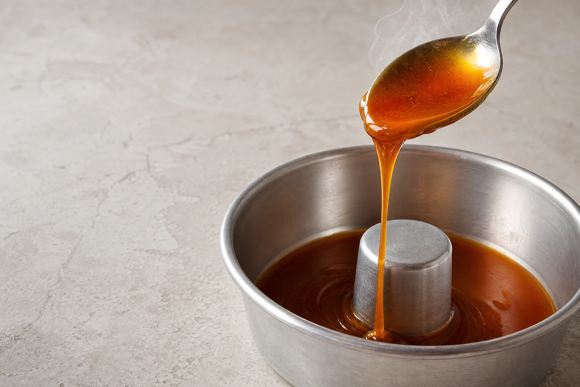 Calda de caramelo dourada sendo despejada em forma para pudim.