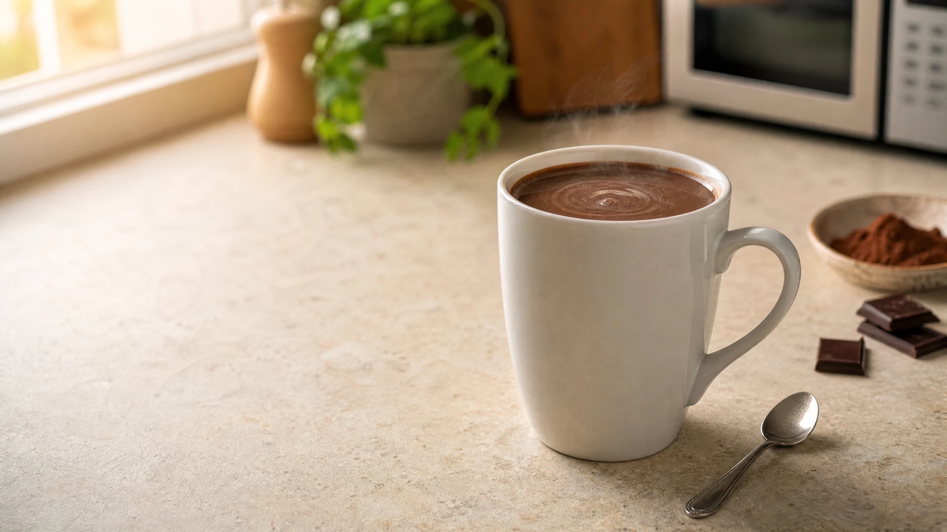Caneca alta de cerâmica com chocolate quente escuro e fumegante, colher ao lado e micro-ondas desfocado ao fundo em uma cozinha clara.