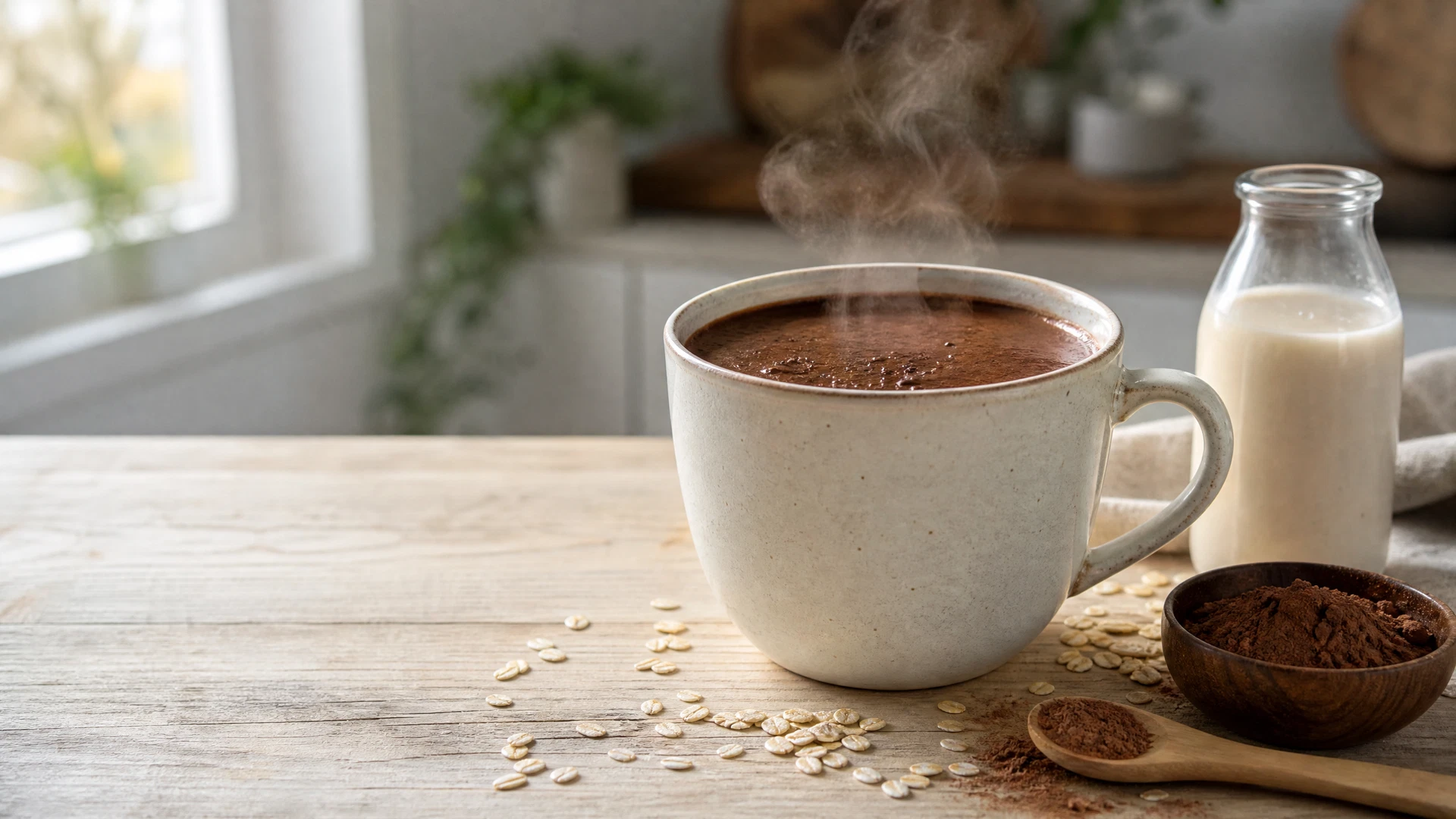 Caneca de cerâmica com chocolate quente escuro e fumegante, acompanhada de bebida de aveia, cacau em pó e aveia sobre mesa de madeira.