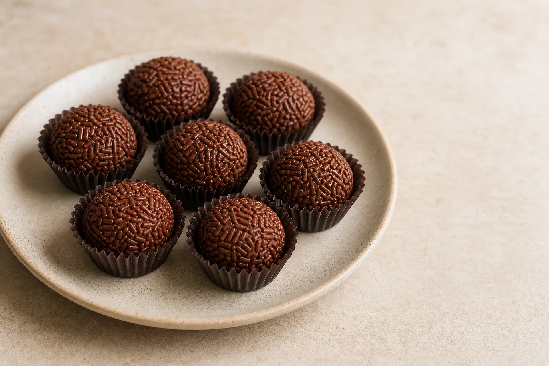 Brigadeiros de chocolate enrolados em forminhas de papel sobre prato claro.