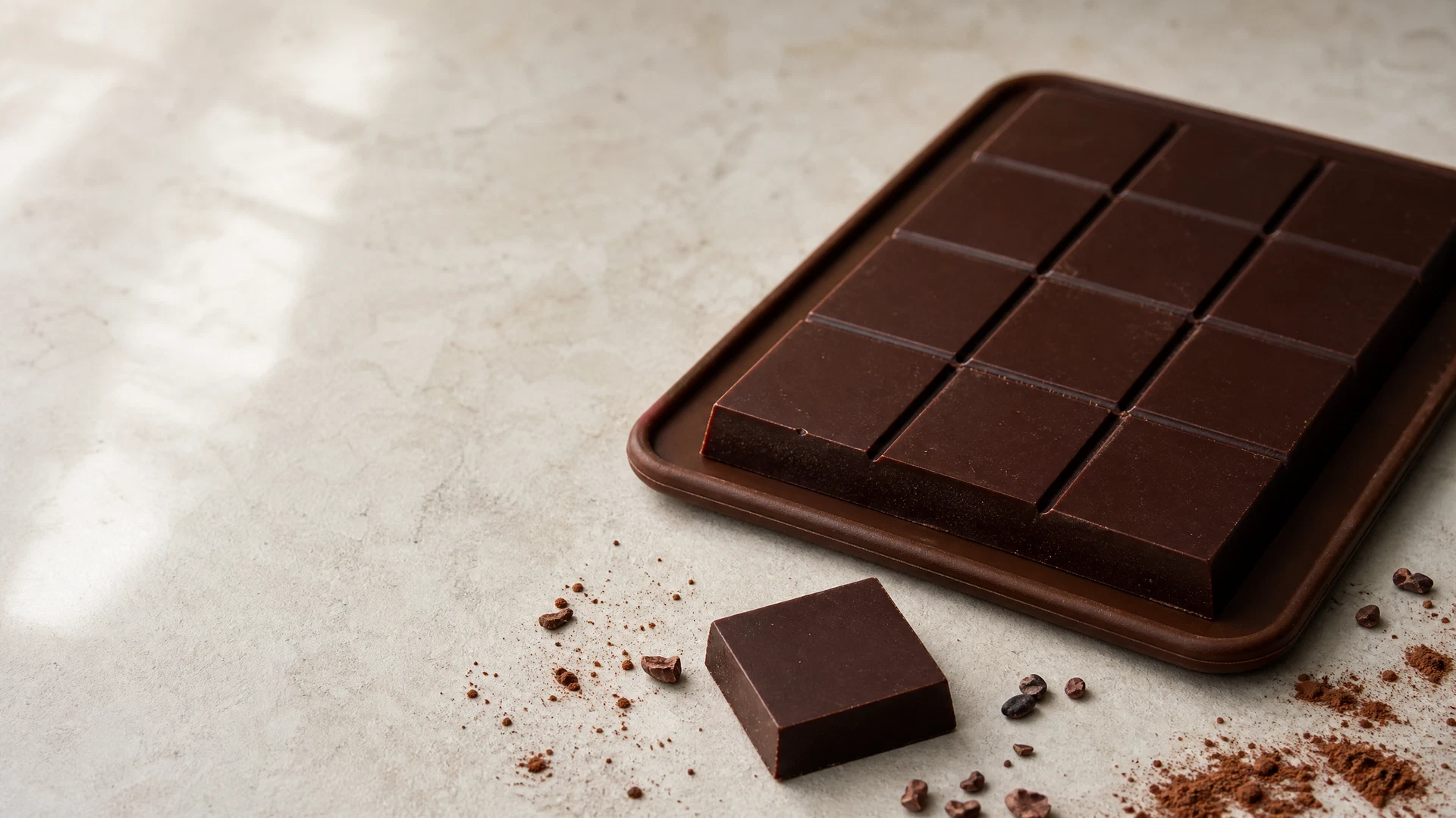 Barra caseira de chocolate com cacau em pó moldada em quadrados sobre pedra clara, com cacau e nibs ao redor.