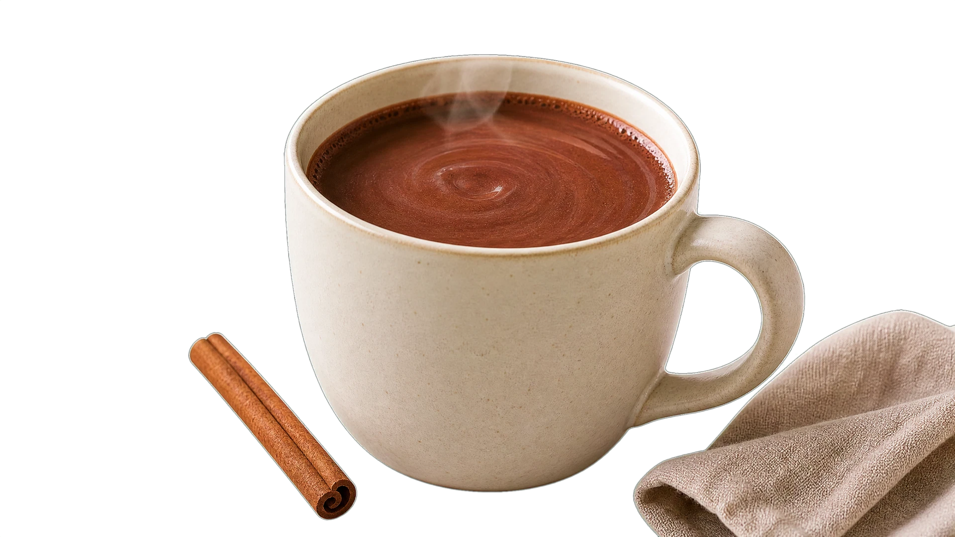 Caneca de cerâmica com chocolate quente cremoso e fumegante sobre mesa de madeira, acompanhada de canela em pau.