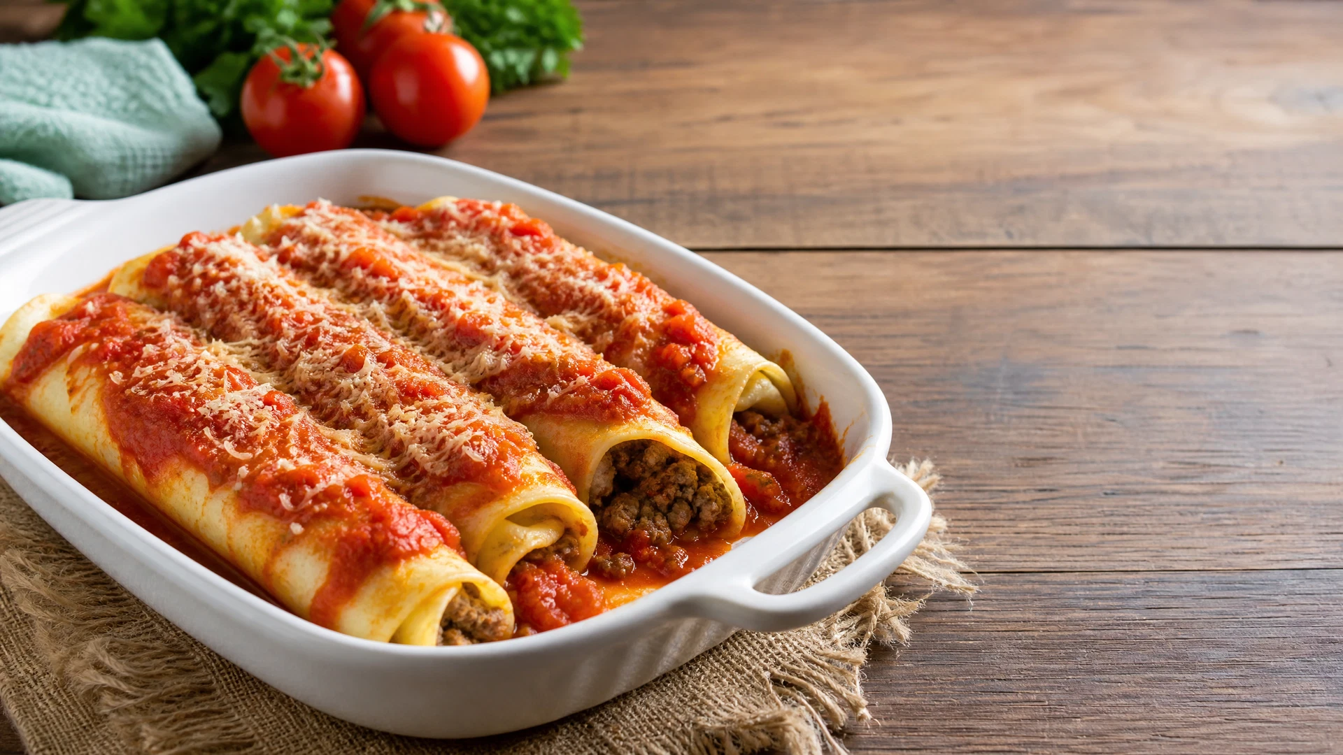 Panquecas brasileiras recheadas com carne moída, cobertas por molho de tomate em travessa clara.