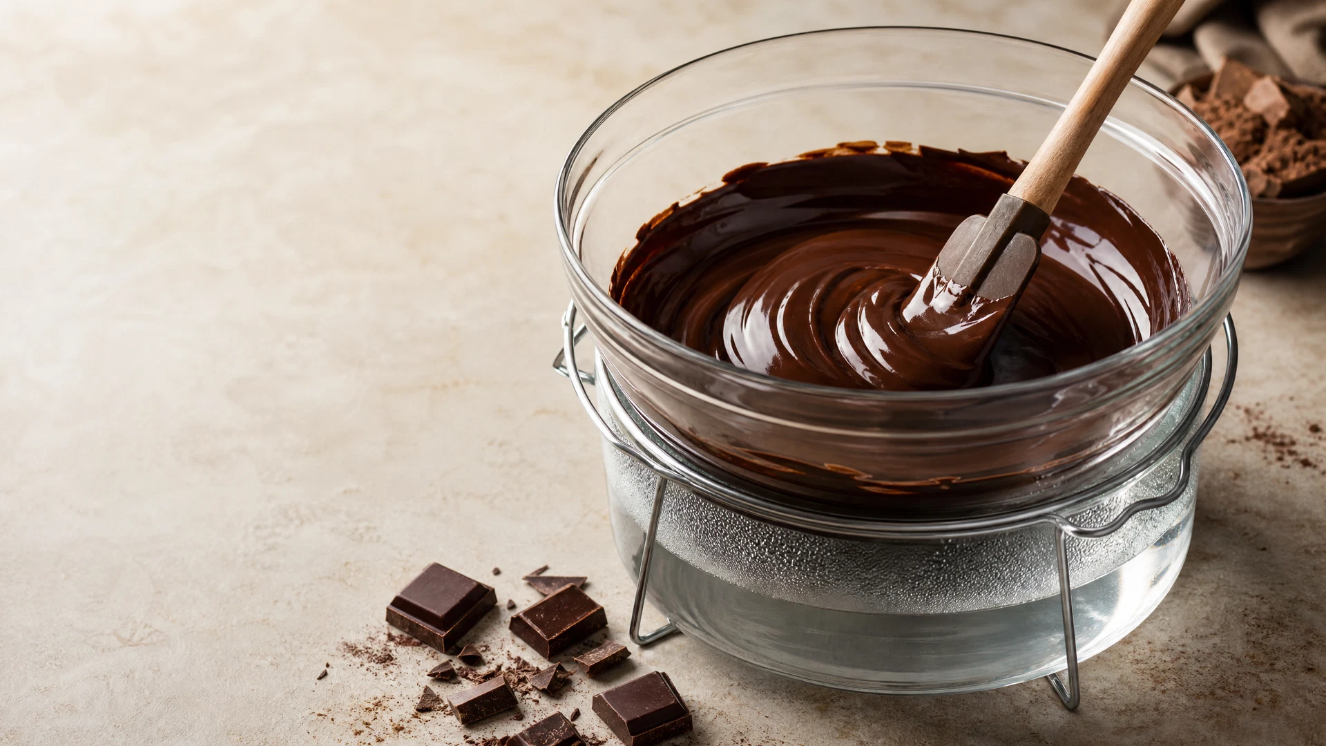 Chocolate escuro parcialmente derretido em tigela de vidro suspensa sobre banho-maria suave, com espátula de silicone.