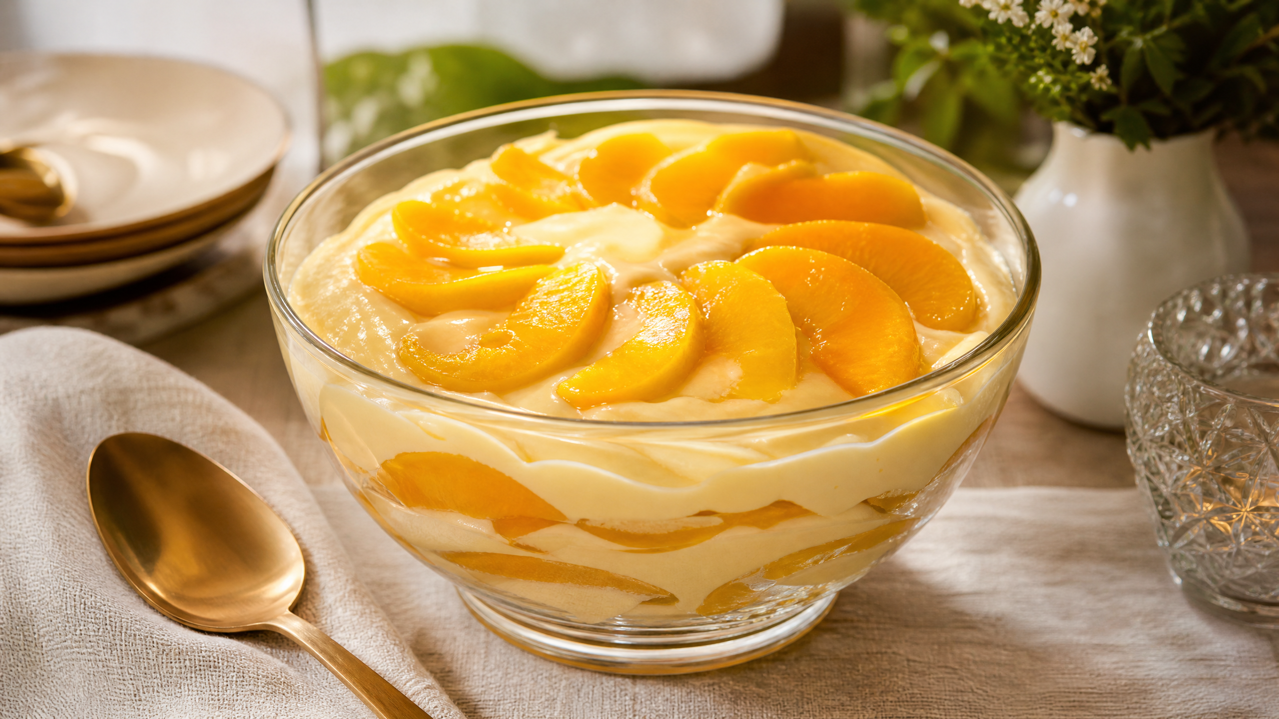 Taça de creme belga claro com pedaços de pêssego escorrido.