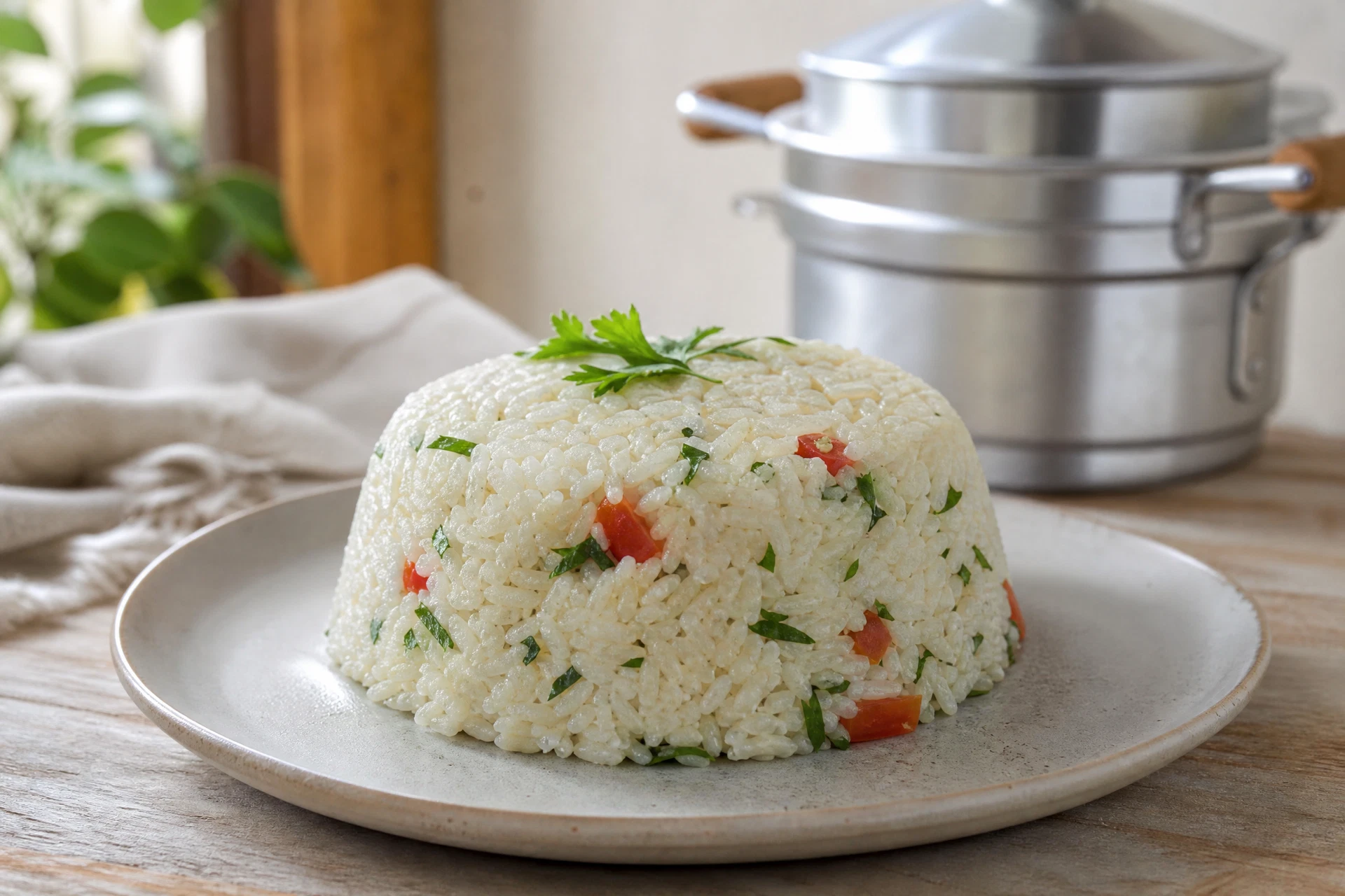 Cuscuz de arroz branco desenformado em prato com cuscuzeira ao fundo.