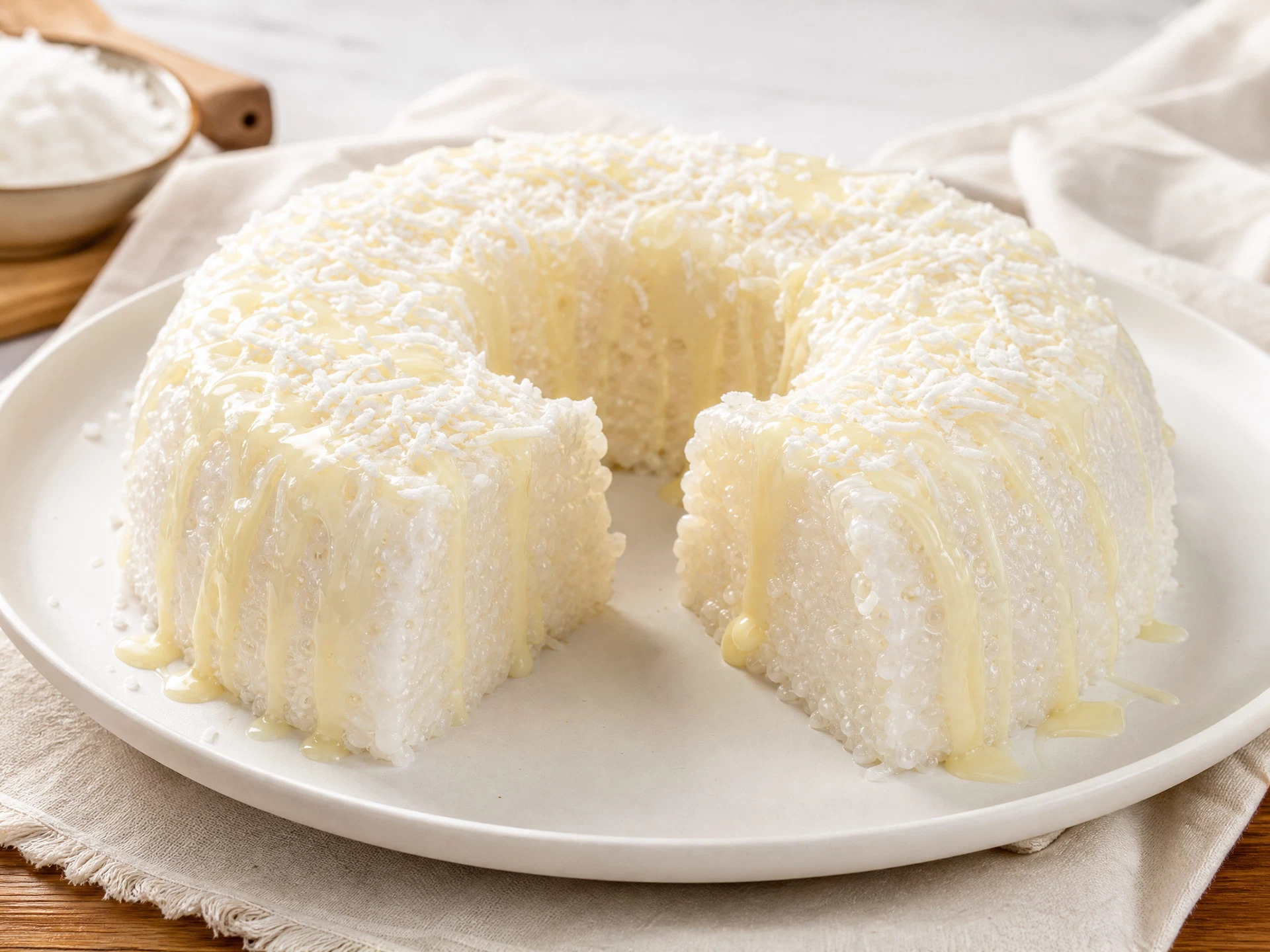 Cuscuz de tapioca com coco gelado servido em fatias.