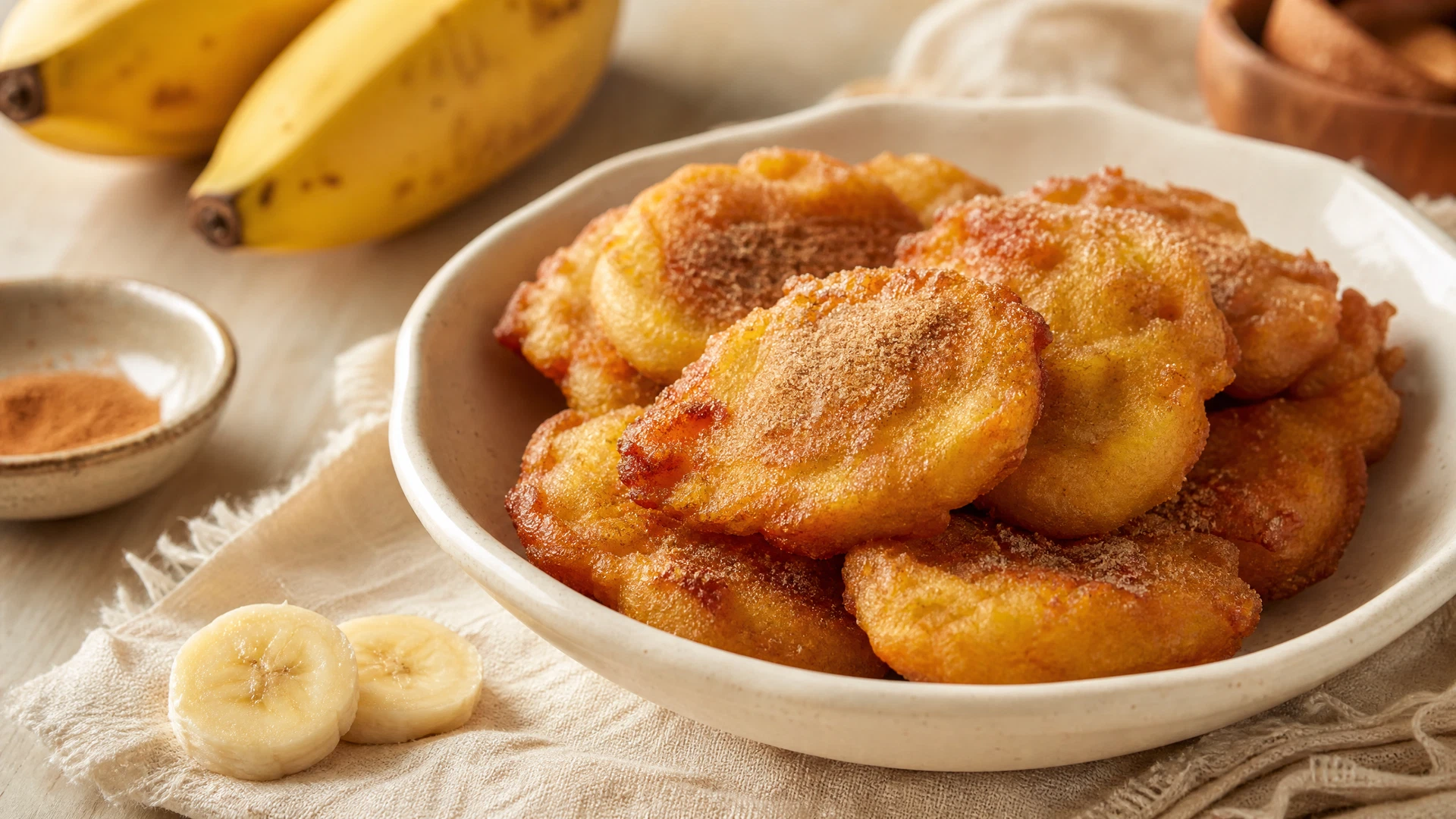 Bolinhos de chuva de banana dourados e polvilhados com canela em uma tigela clara.
