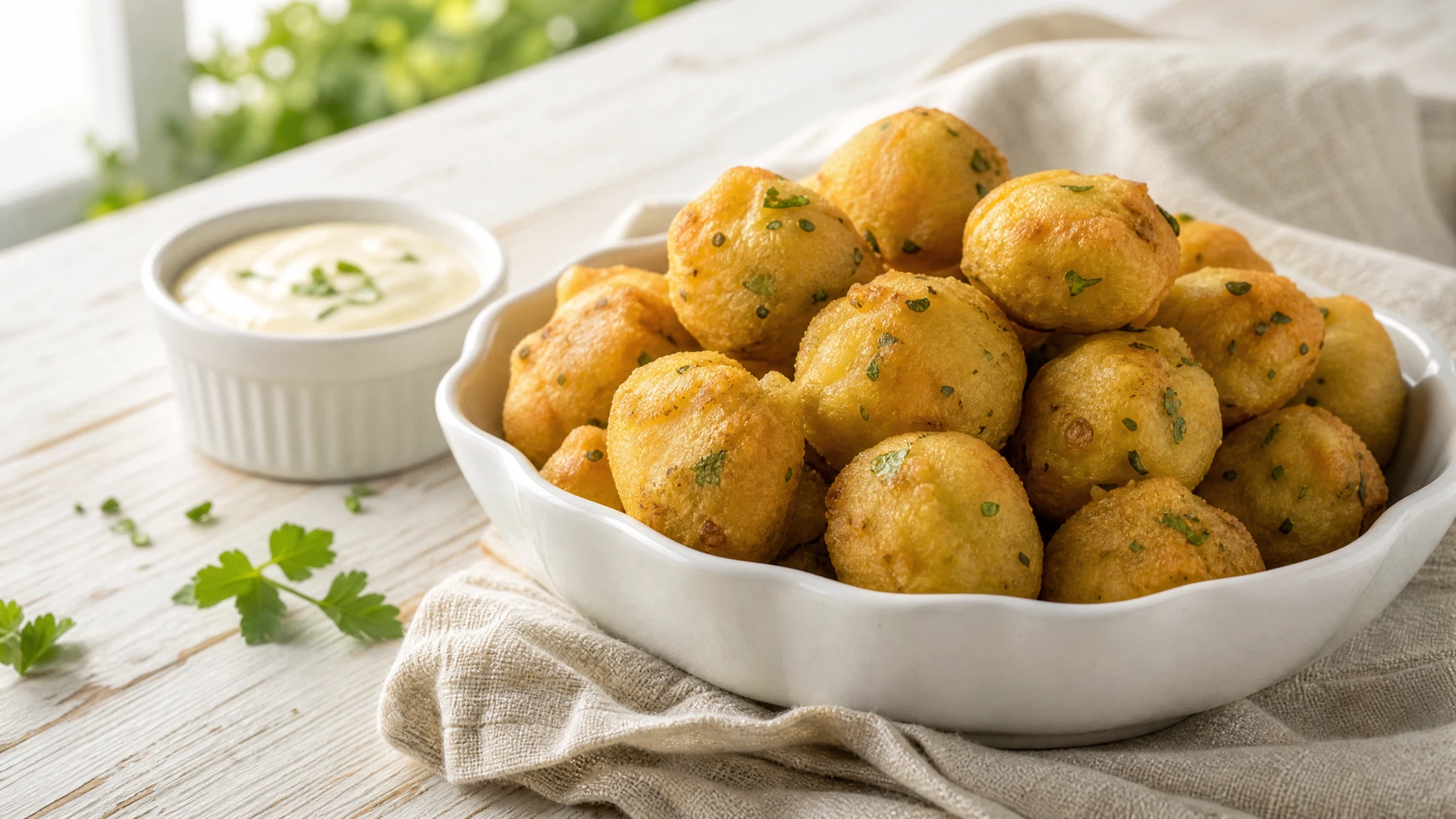 Bolinhos de chuva salgados dourados com ervas em tigela branca, acompanhados de molho suave.