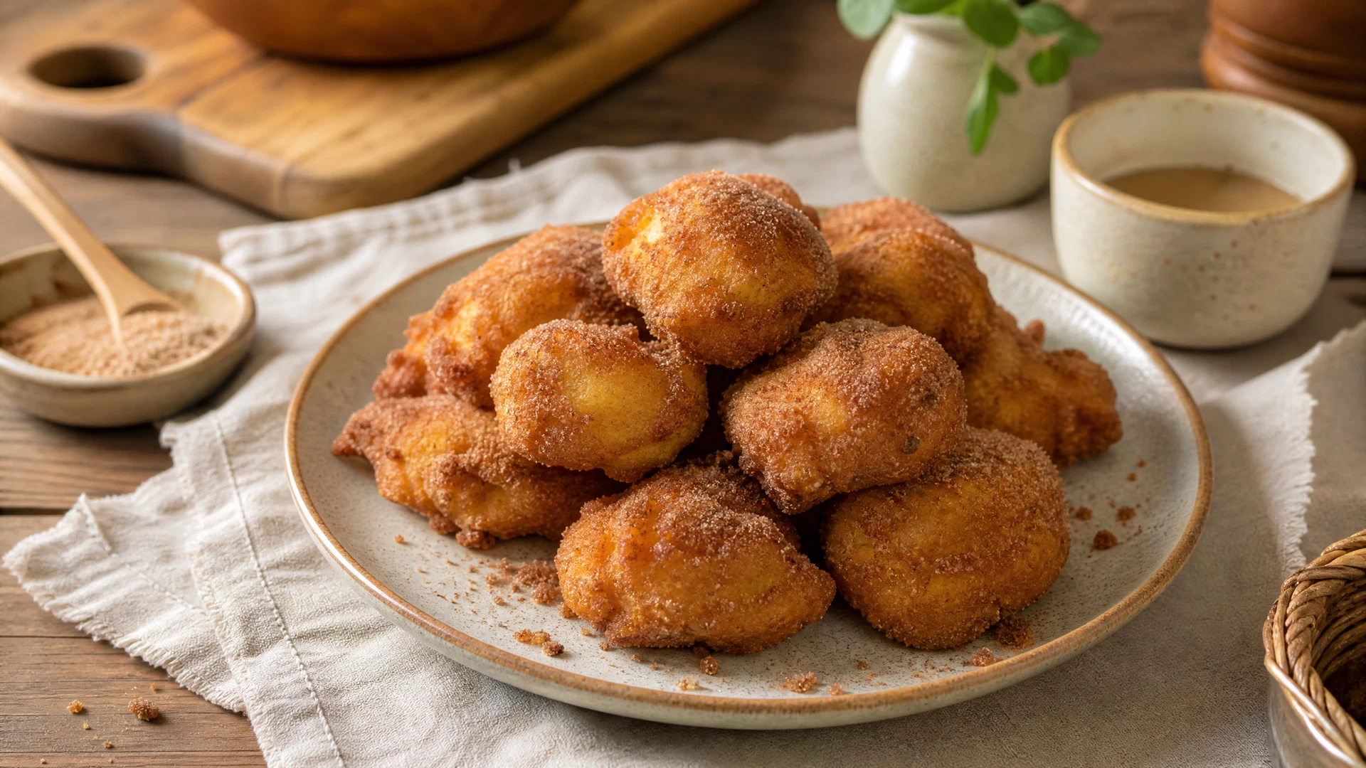 Bolinhos de chuva sem fermento dourados, finalizados com açúcar e canela em prato claro.