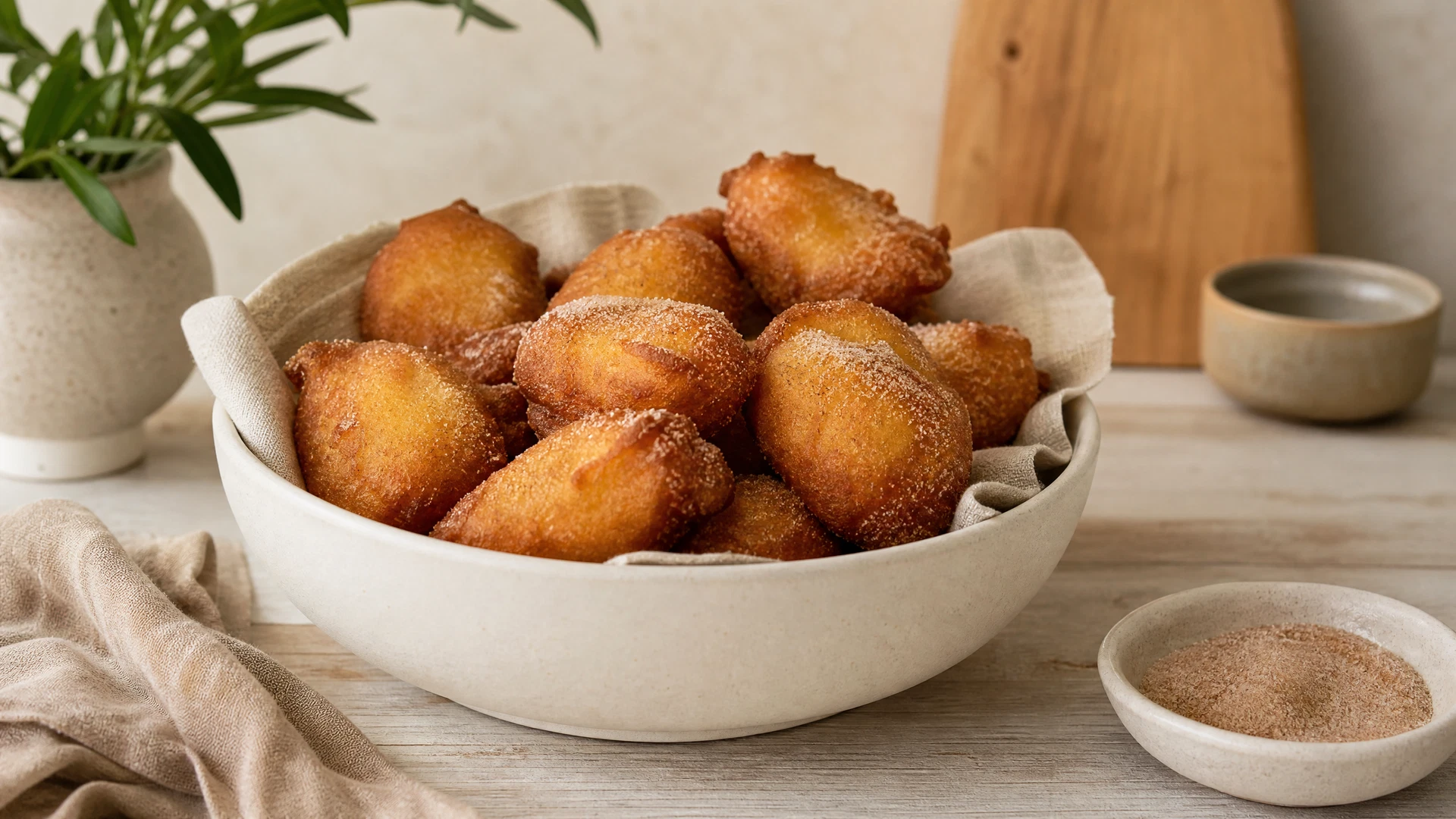 Bolinhos de chuva sem leite dourados e levemente polvilhados com açúcar e canela.