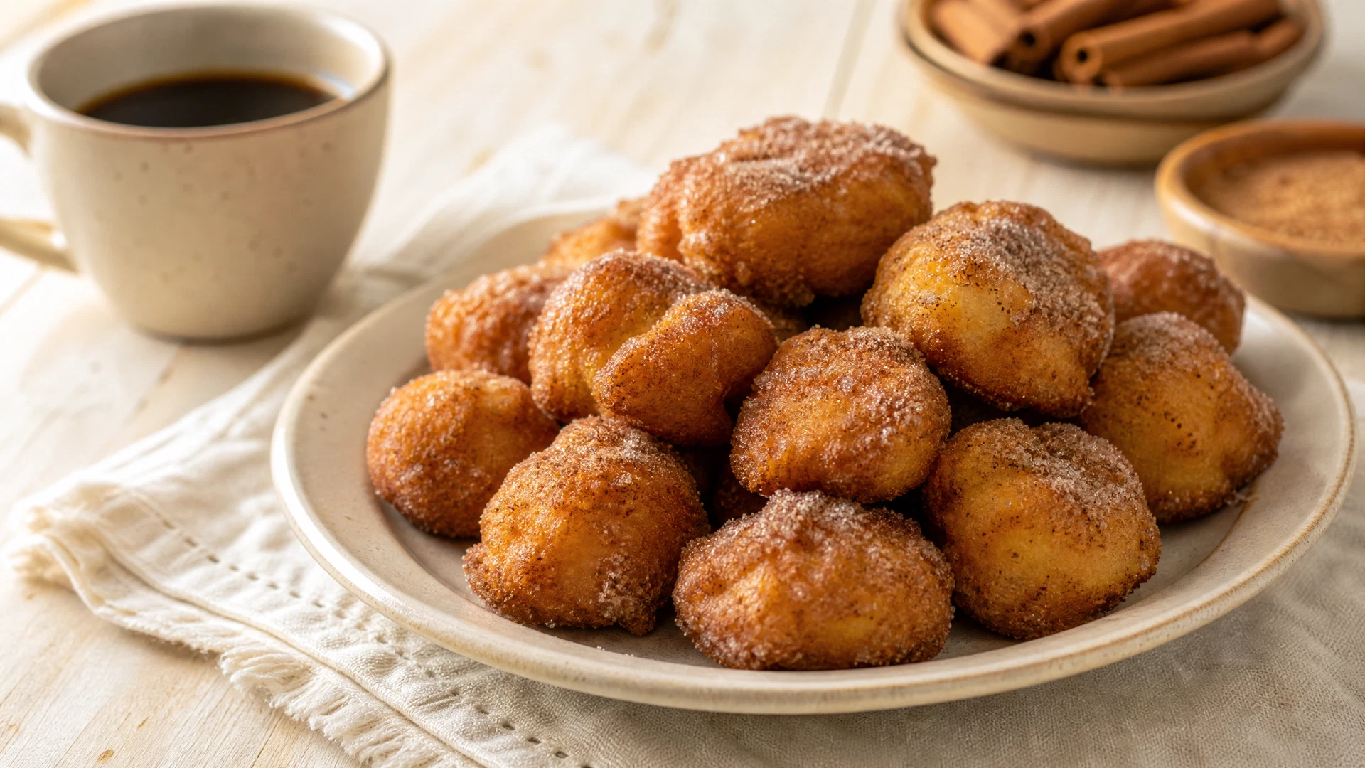 Bolinhos de chuva sem ovo e sem leite, dourados e polvilhados com açúcar e canela.