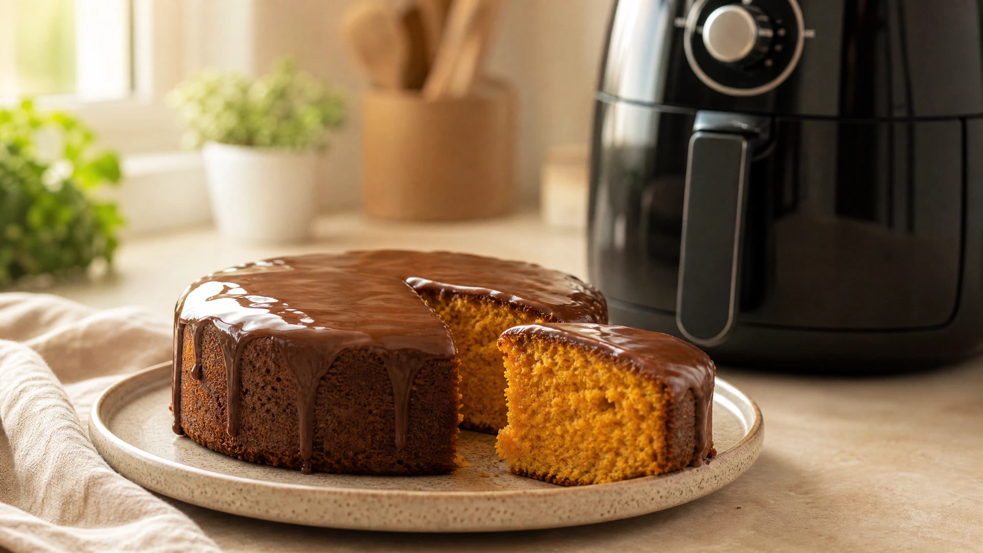 Bolo de cenoura pequeno com cobertura de chocolate e uma Air Fryer sem marca visível ao fundo.