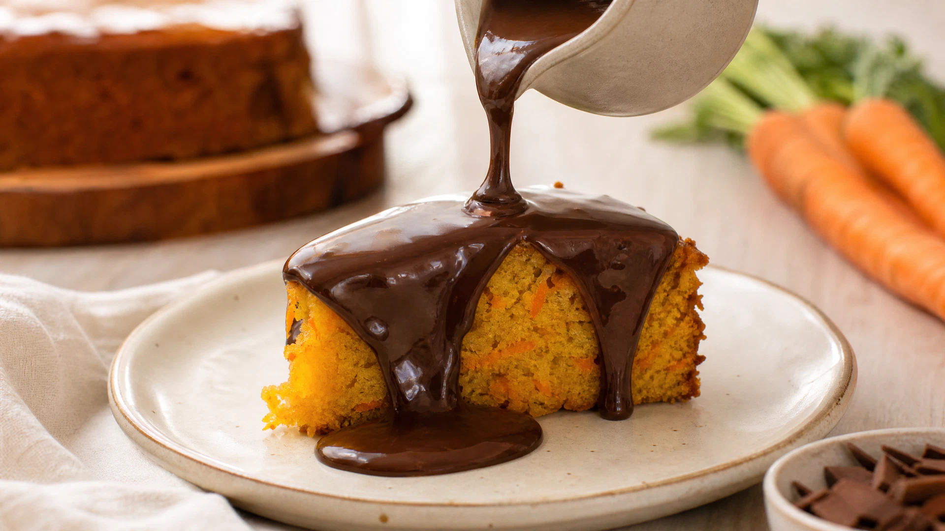 Calda de chocolate sendo derramada sobre uma fatia de bolo de cenoura.