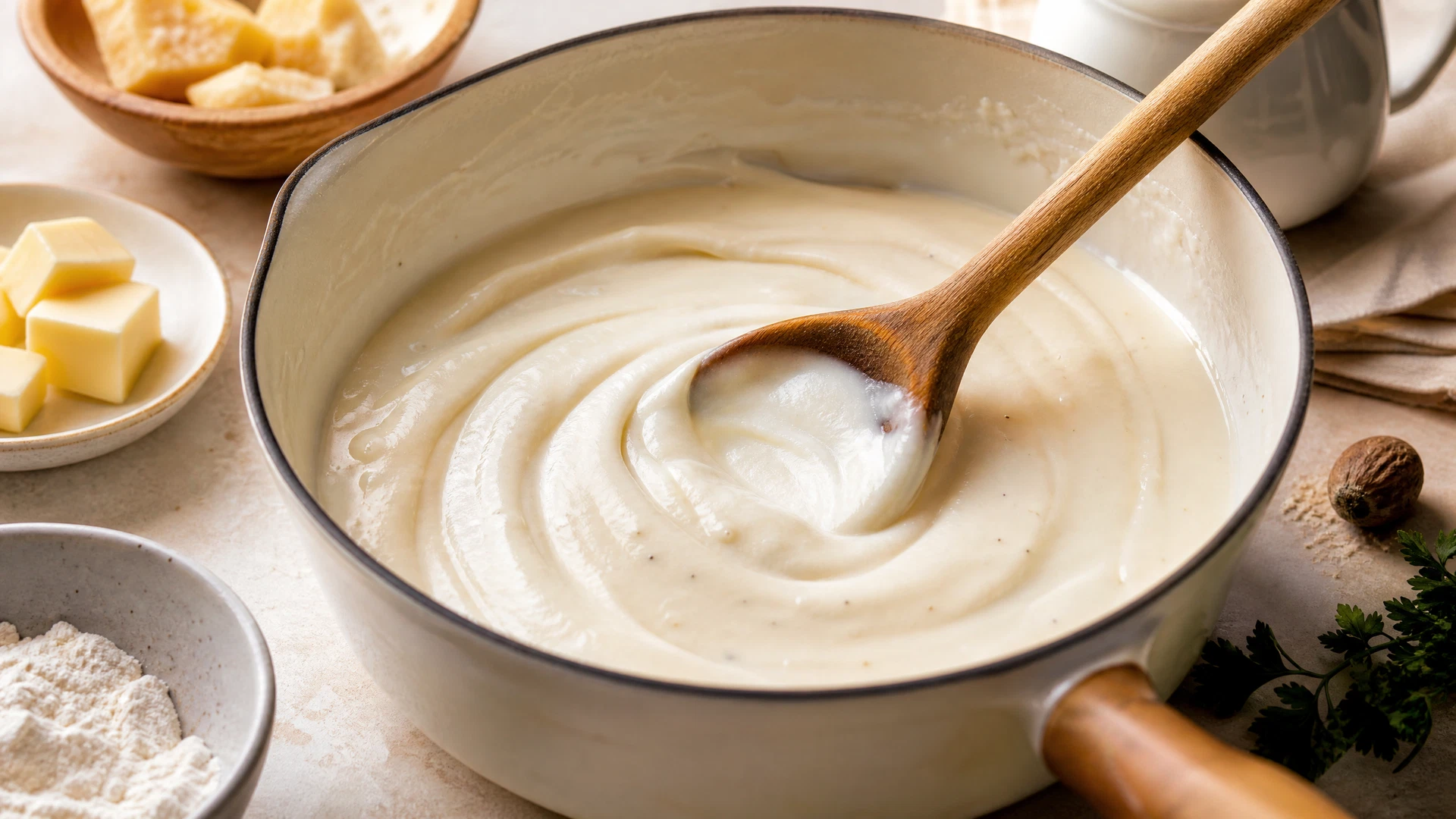 Molho branco aveludado com creme de leite sendo mexido em panela clara.