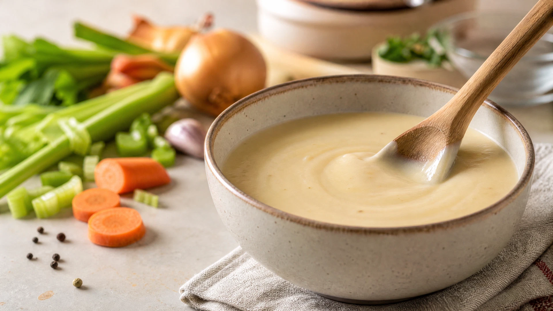 Molho branco sem leite em tigela de cerâmica, com legumes de caldo caseiro ao fundo.