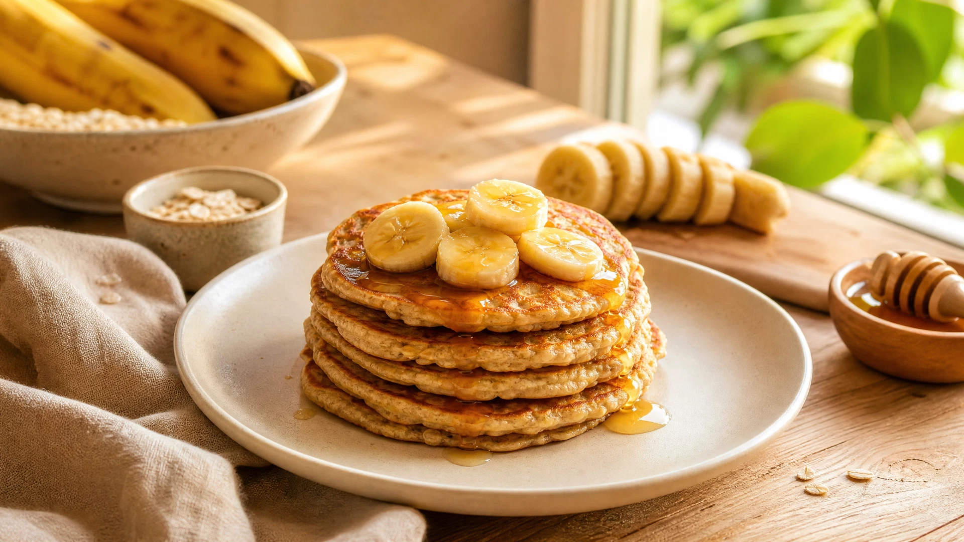 Panquecas de banana com aveia, cobertas com fatias de banana em prato claro.