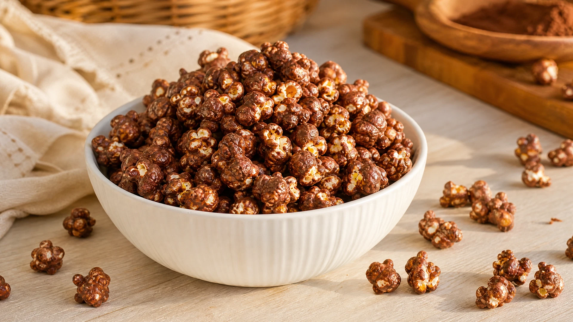 Pipoca doce coberta com chocolate em tigela branca.