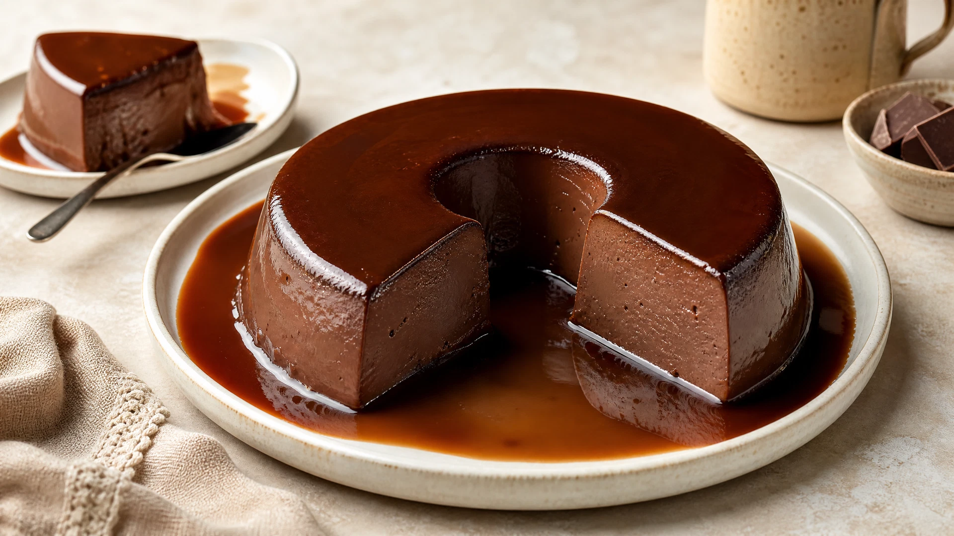 Pudim de chocolate com calda escura servido em prato de cerâmica clara.