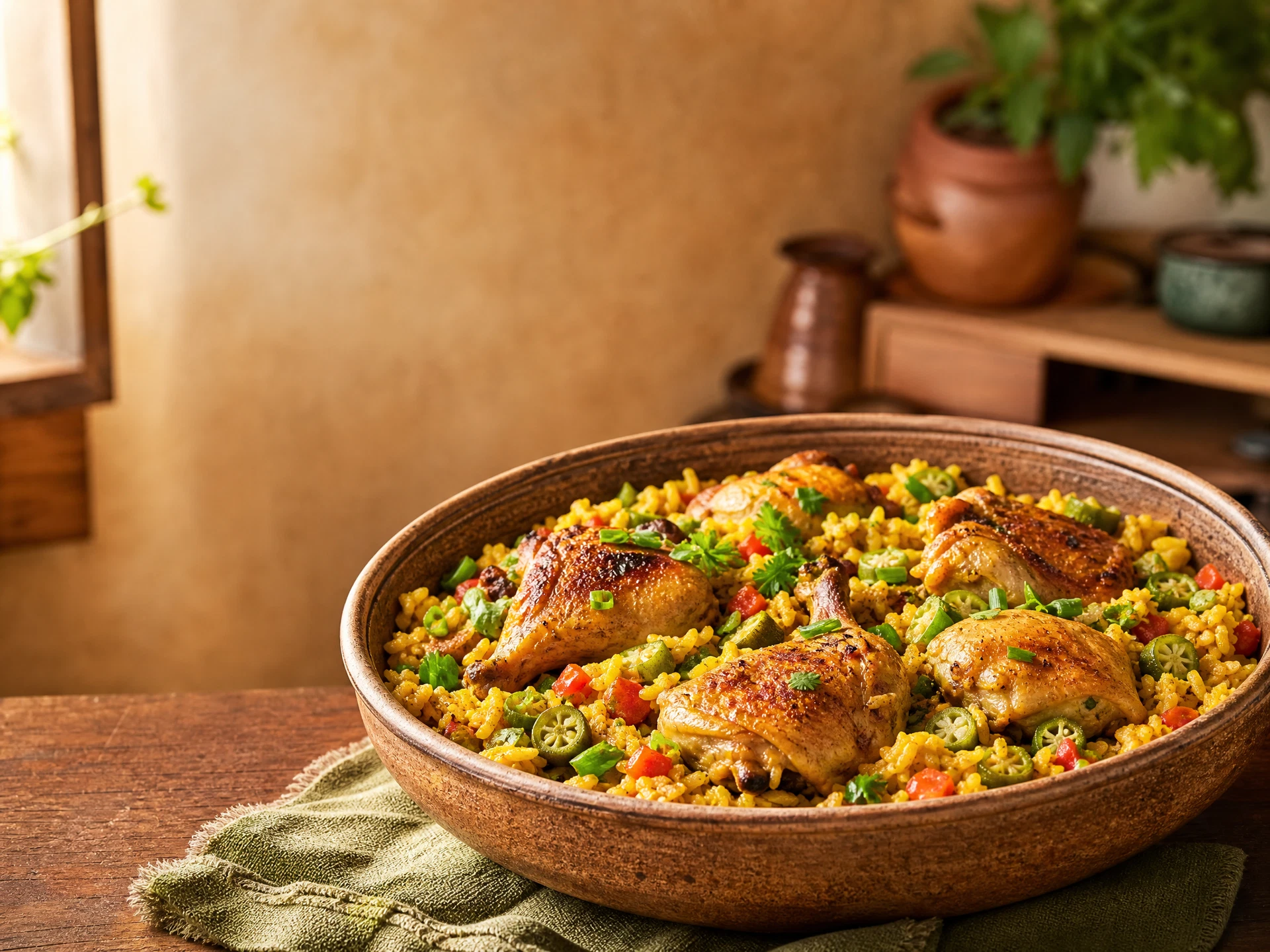 Galinhada caseira com arroz dourado, pedaços de frango e quiabo servida em tigela rústica.