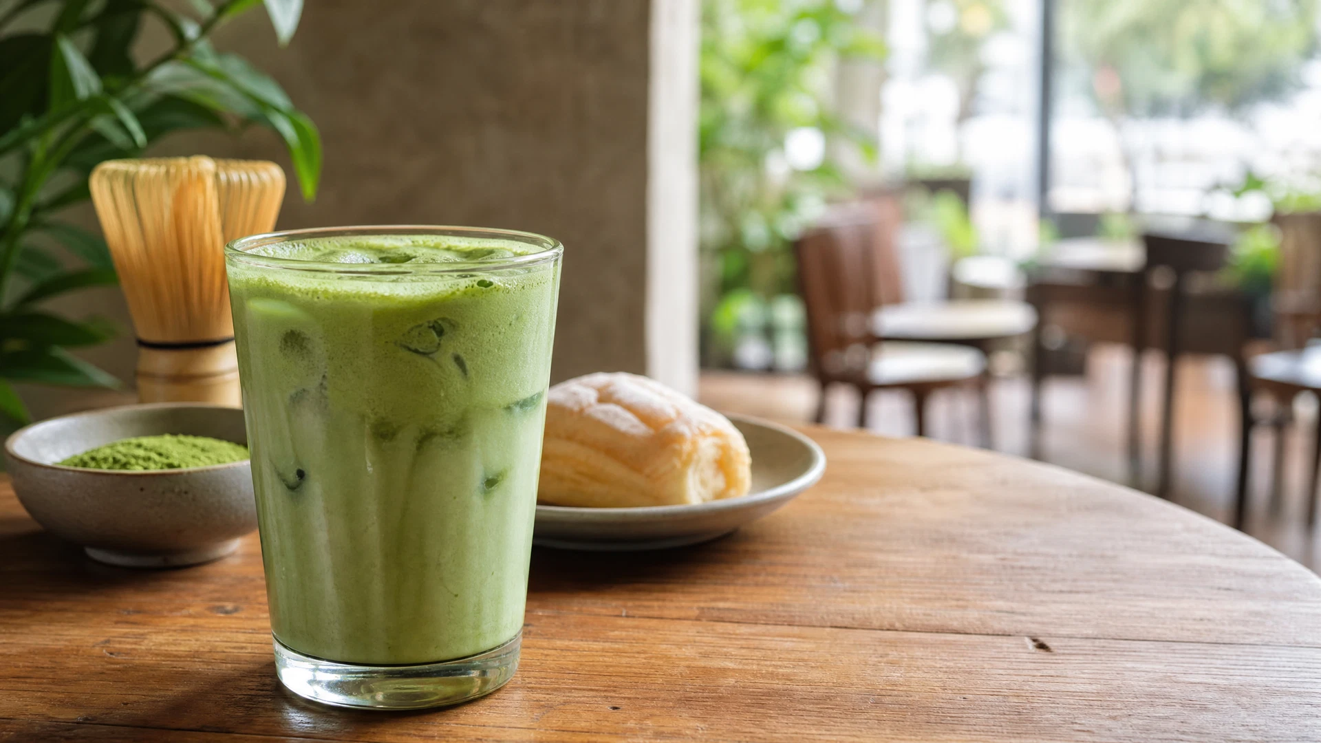 Copo de matcha gelado sobre mesa de madeira em cafeteria, ao lado de tigela com pó verde e batedor de bambu.
