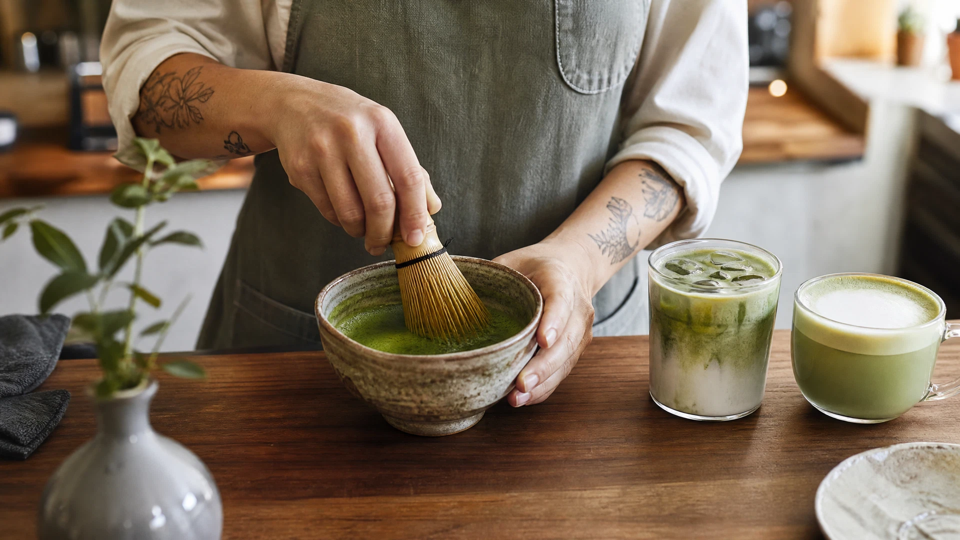Barista preparando matcha em uma tigela de cerâmica sobre o balcão de uma cafeteria contemporânea.