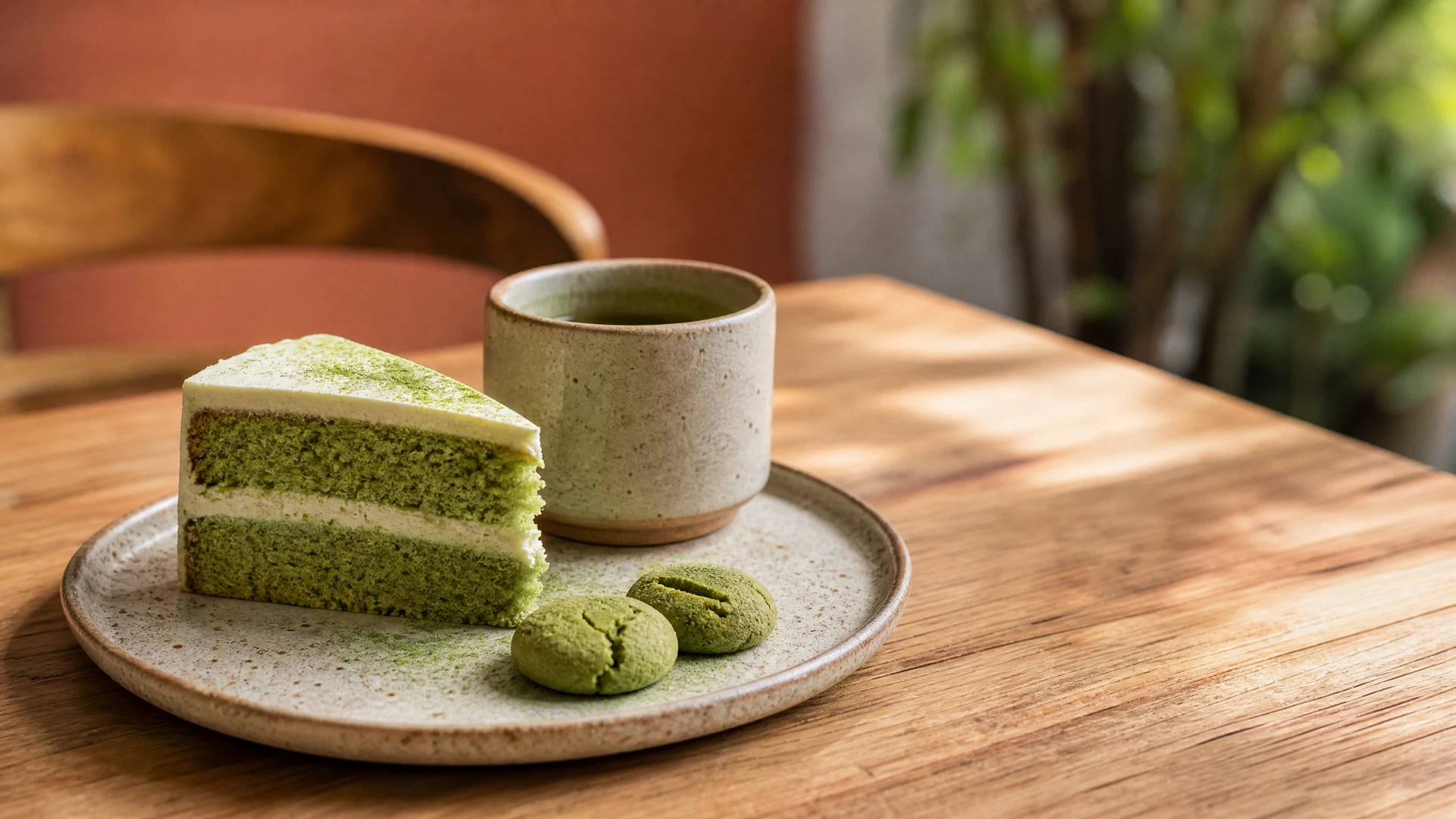 Fatia de bolo de matcha e pequenos doces em uma mesa de cafeteria iluminada por luz natural.
