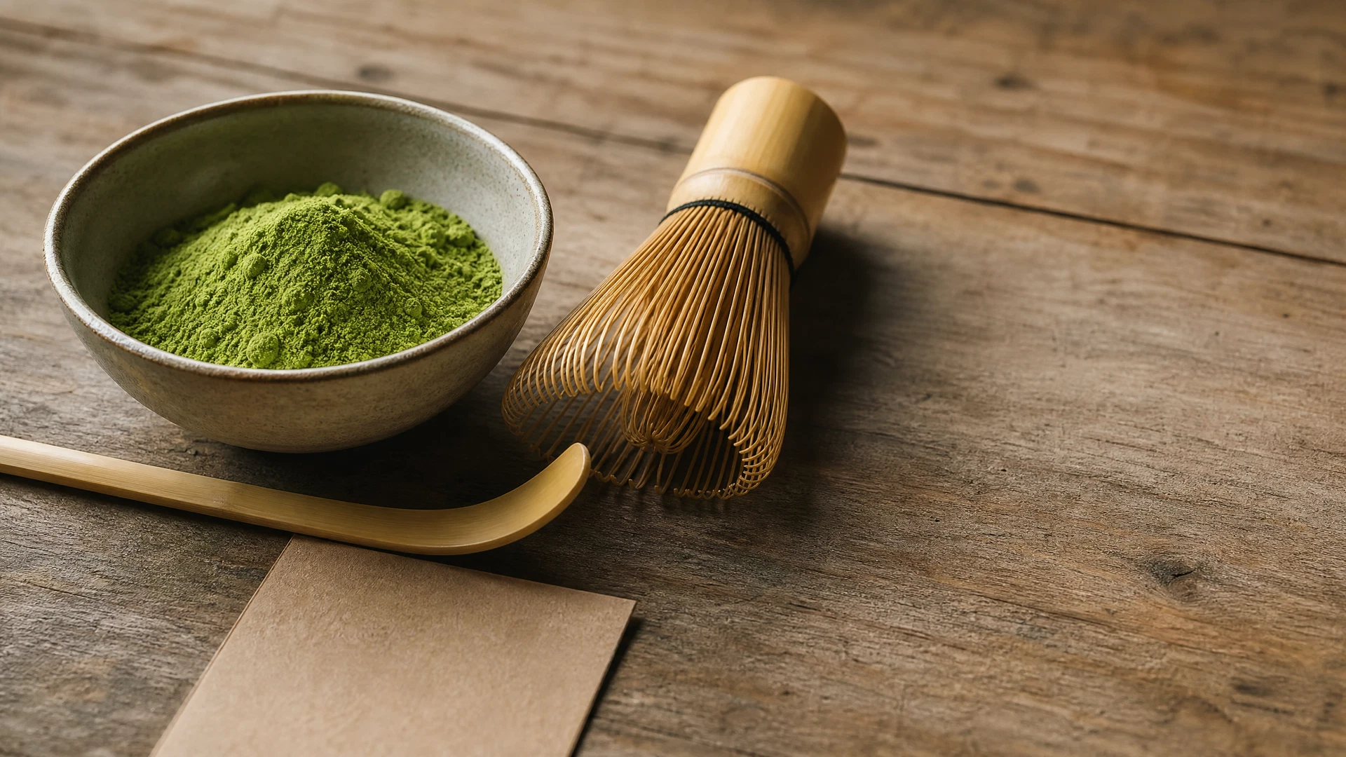 Pó de matcha, batedor de bambu e utensílios simples dispostos sobre uma mesa de madeira.