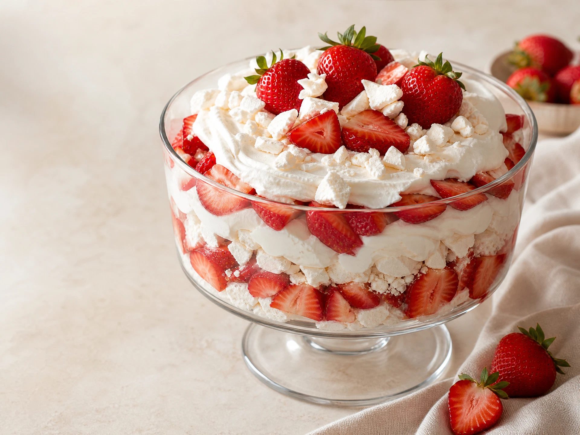 Merengue de morango com chantilly, suspiros e morangos frescos.