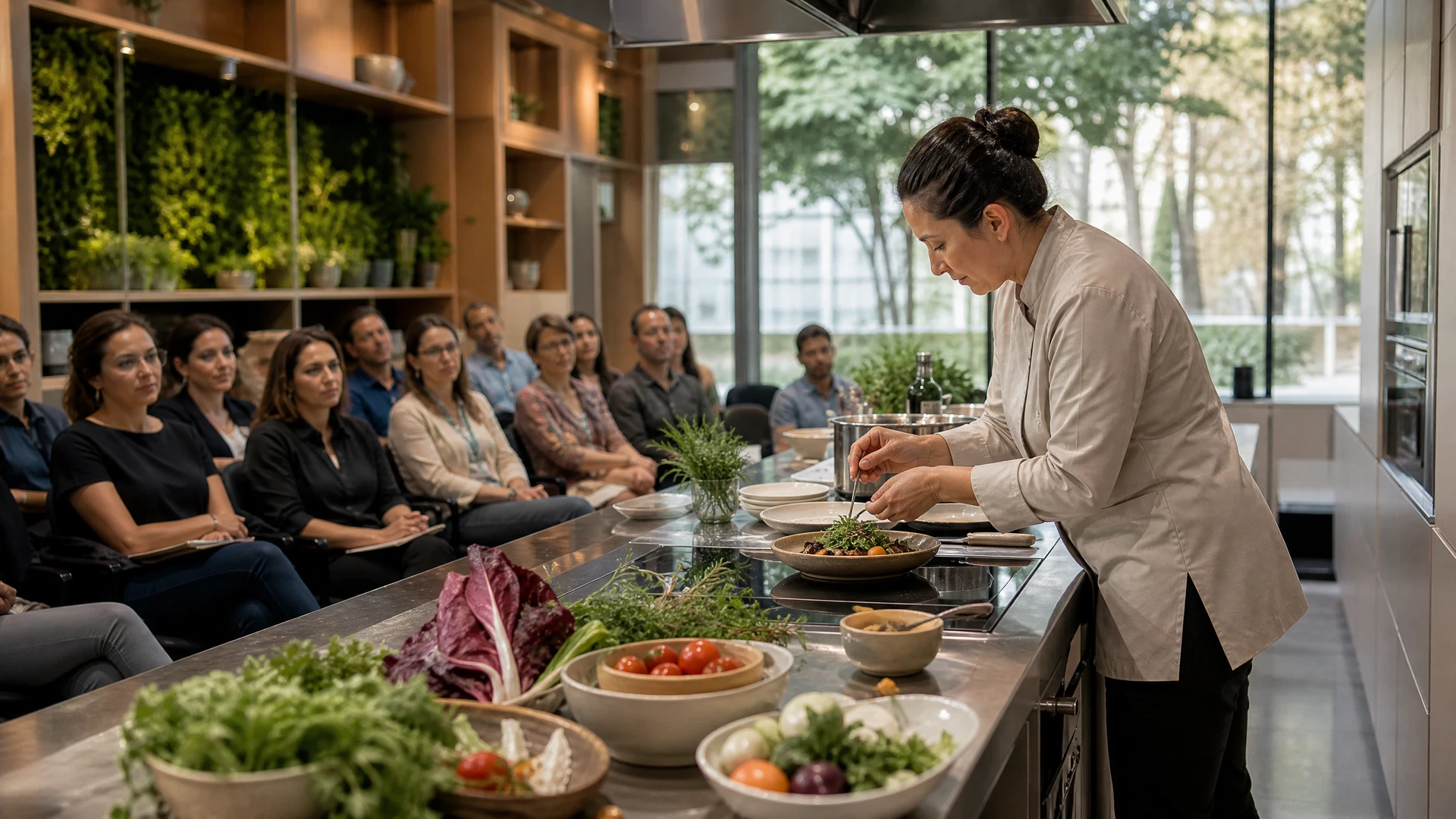 Demonstração de cozinha para um público adulto em uma aula-show