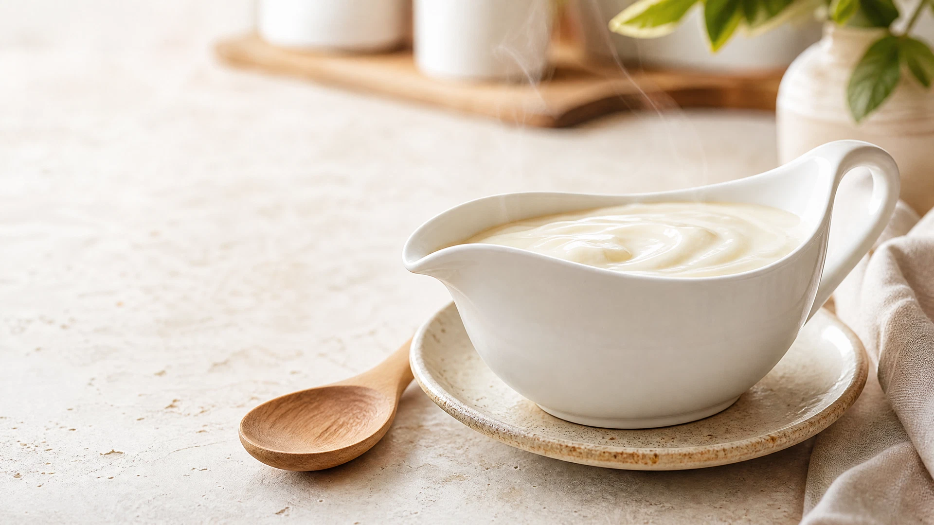 Molho branco cremoso em molheira branca, acompanhado de fouet e colher de madeira sobre bancada clara.