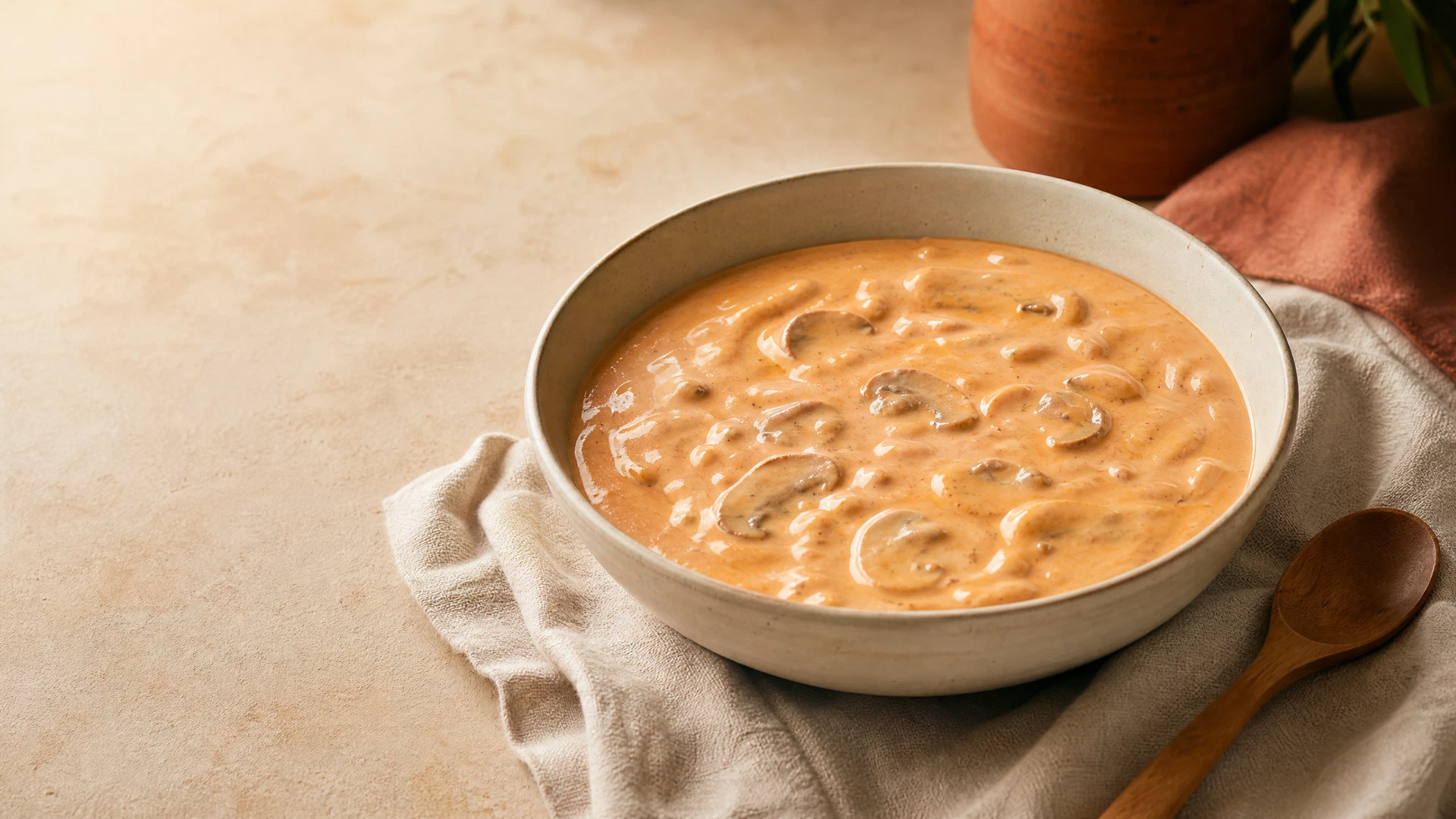 Molho cremoso para strogonoff em tigela de cerâmica clara, com champignon fatiado e colher de madeira ao lado.