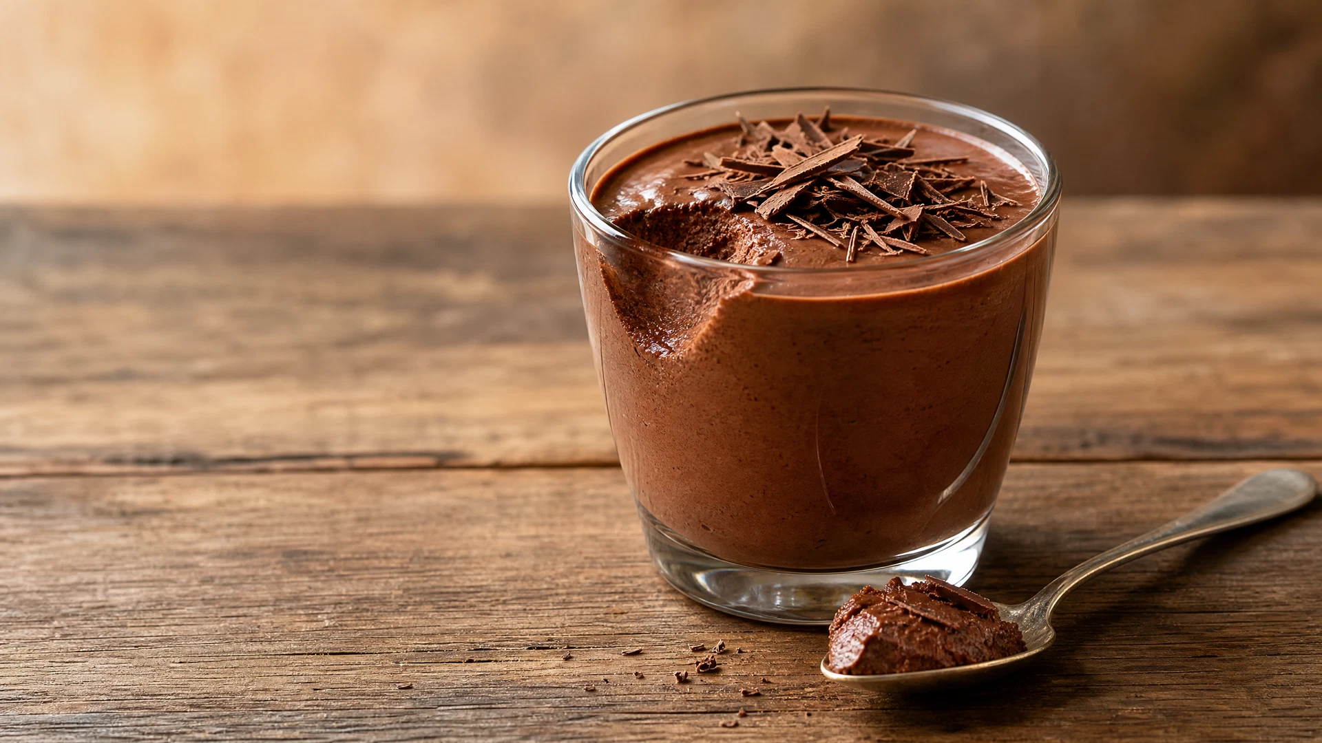 Taça de vidro com mousse de chocolate escura, raspas de chocolate e colher sobre mesa de madeira.