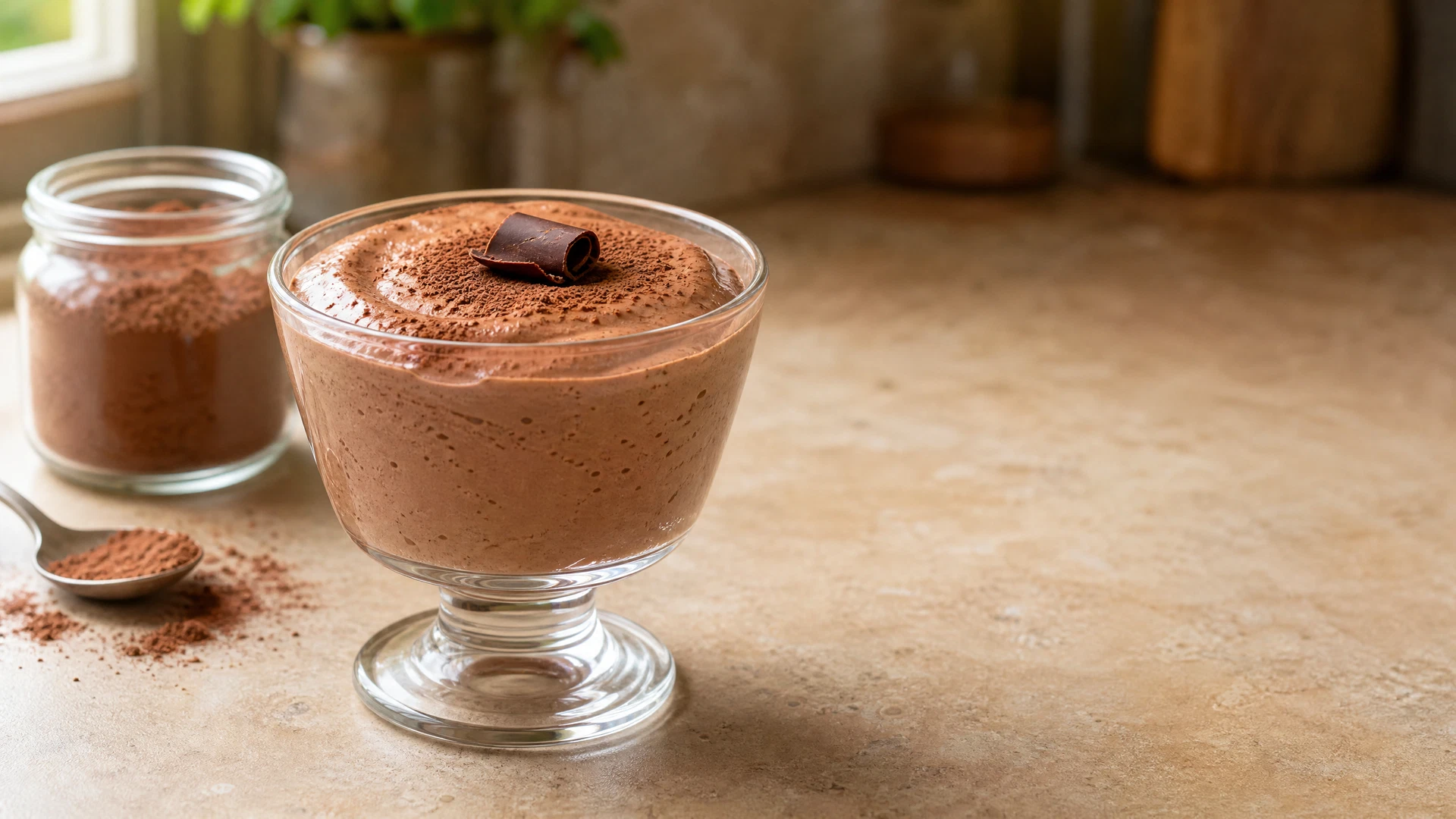 Taça de vidro com mousse de chocolate feita com achocolatado, polvilhada com cacau e raspas de chocolate.