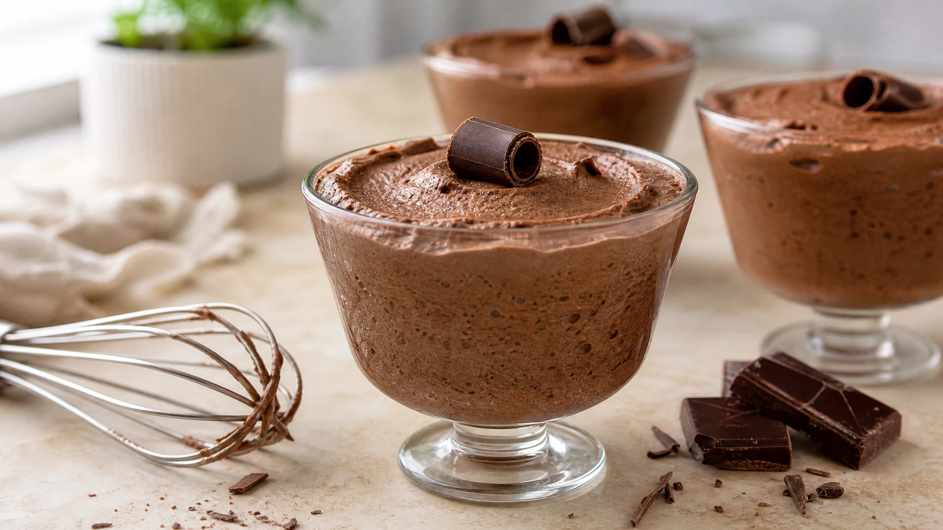 Taça de vidro com mousse de chocolate escura e aerada, raspas de chocolate e batedor ao fundo.
