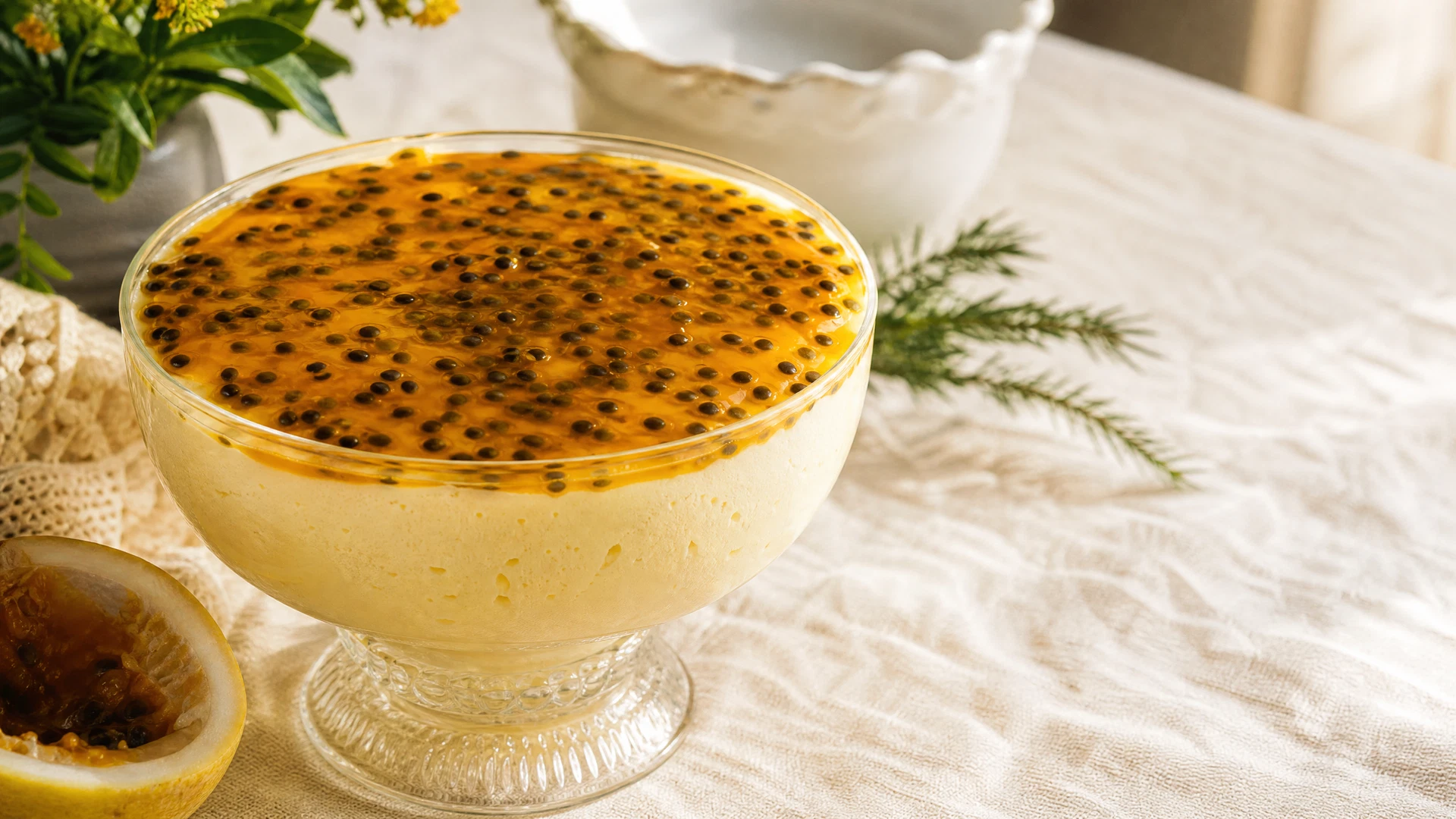 Mousse de maracujá cremosa em travessa de vidro com calda brilhante e sementes da fruta.