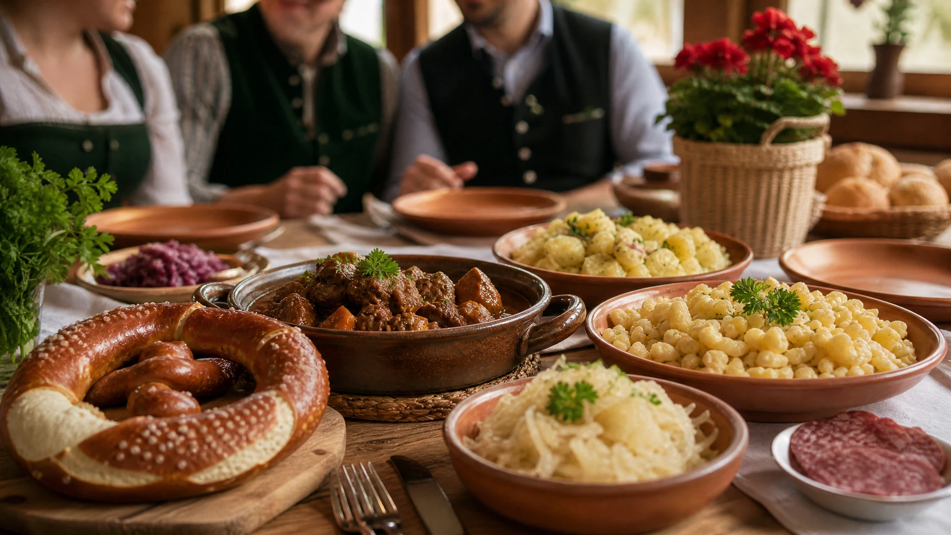 Mesa compartilhada com pratos de inspiração germânica
