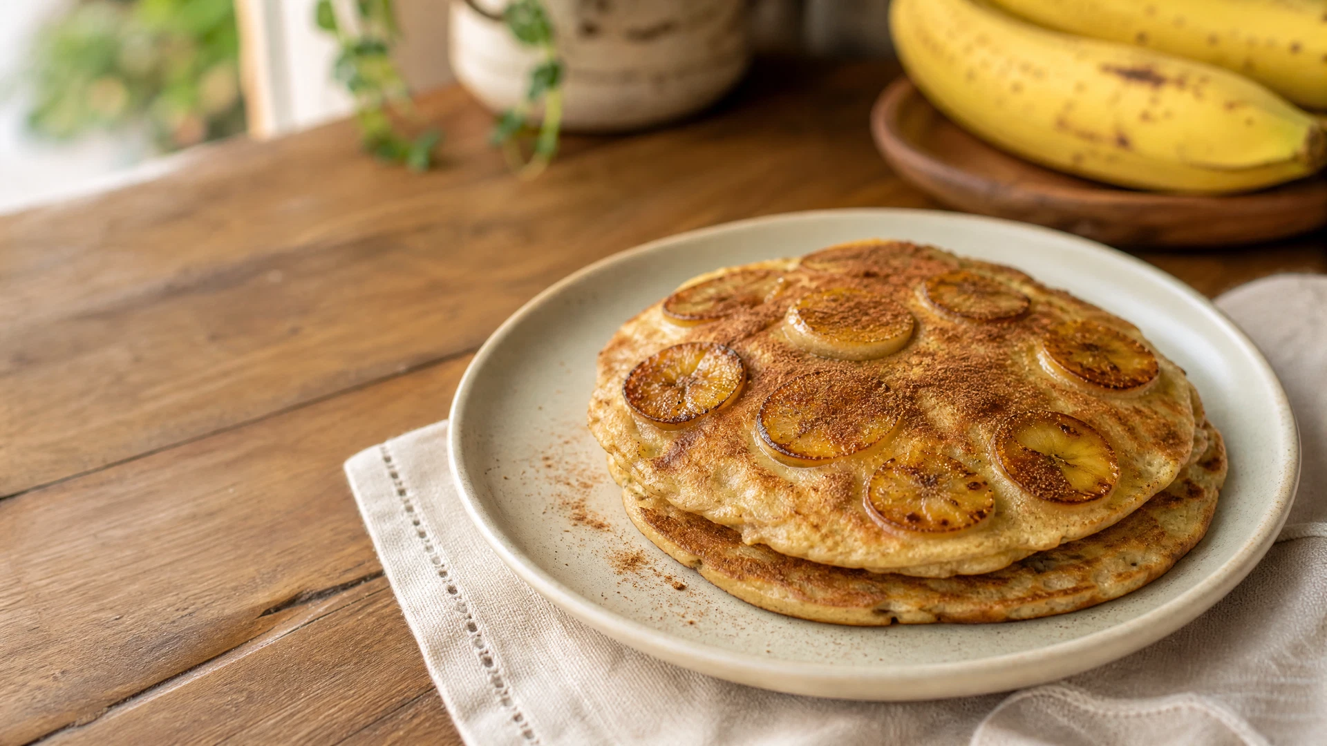Panquecas de banana douradas com fatias de banana e canela em prato de cerâmica clara.