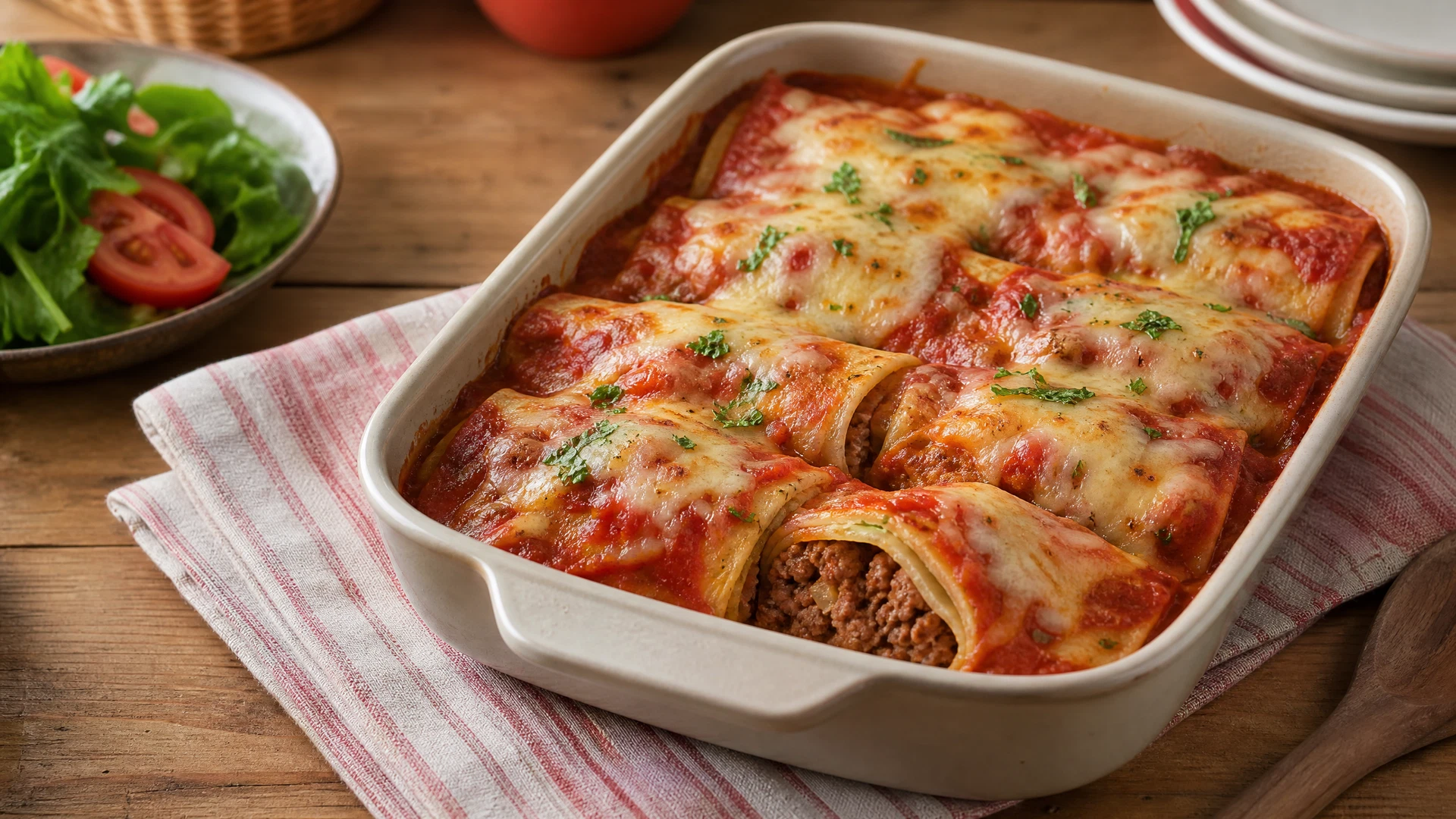 Panquecas enroladas com carne moída, molho de tomate e queijo leve em travessa de cerâmica.
