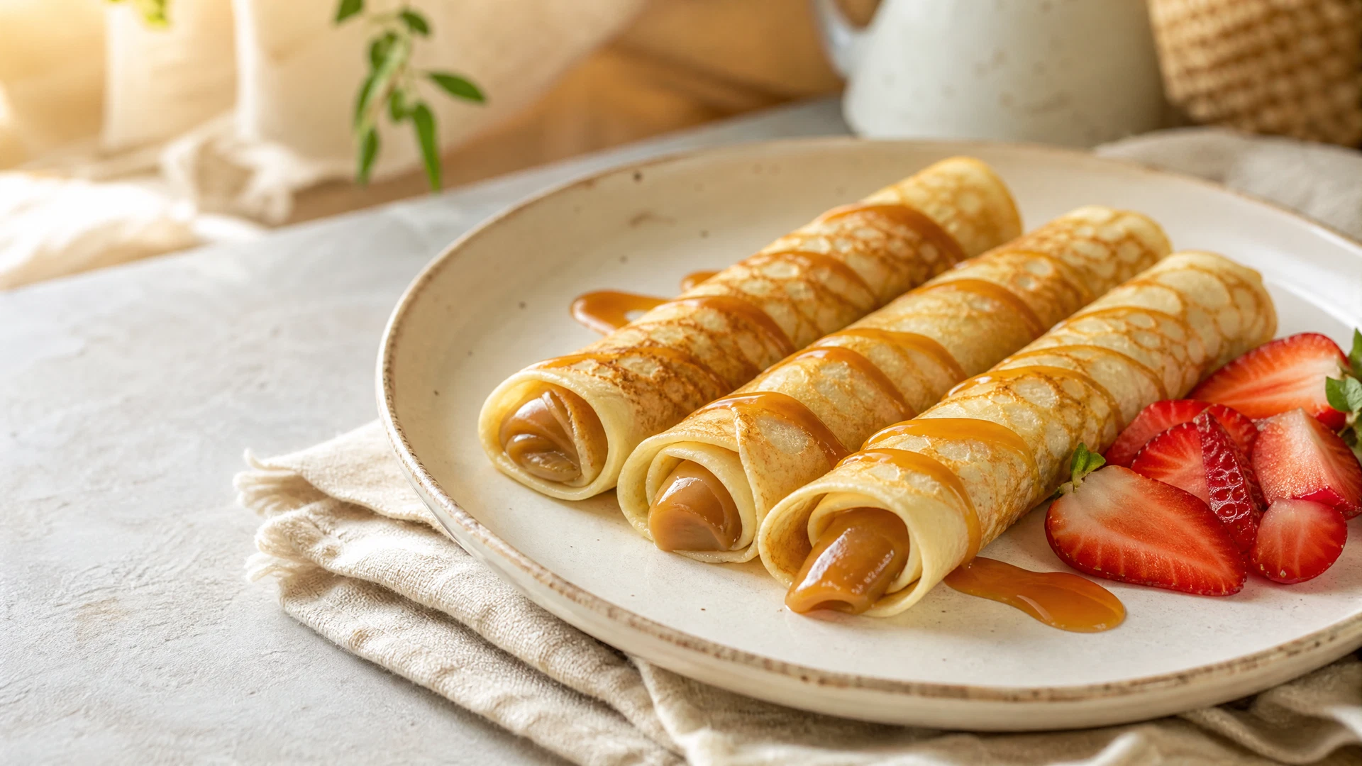 Panquecas doces finas enroladas com creme e morangos em prato claro sobre mesa caseira.
