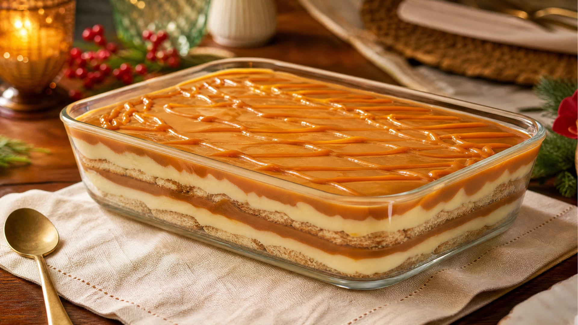 Travessa de pavê de caramelo com camadas de creme claro, biscoitos e calda brilhante.
