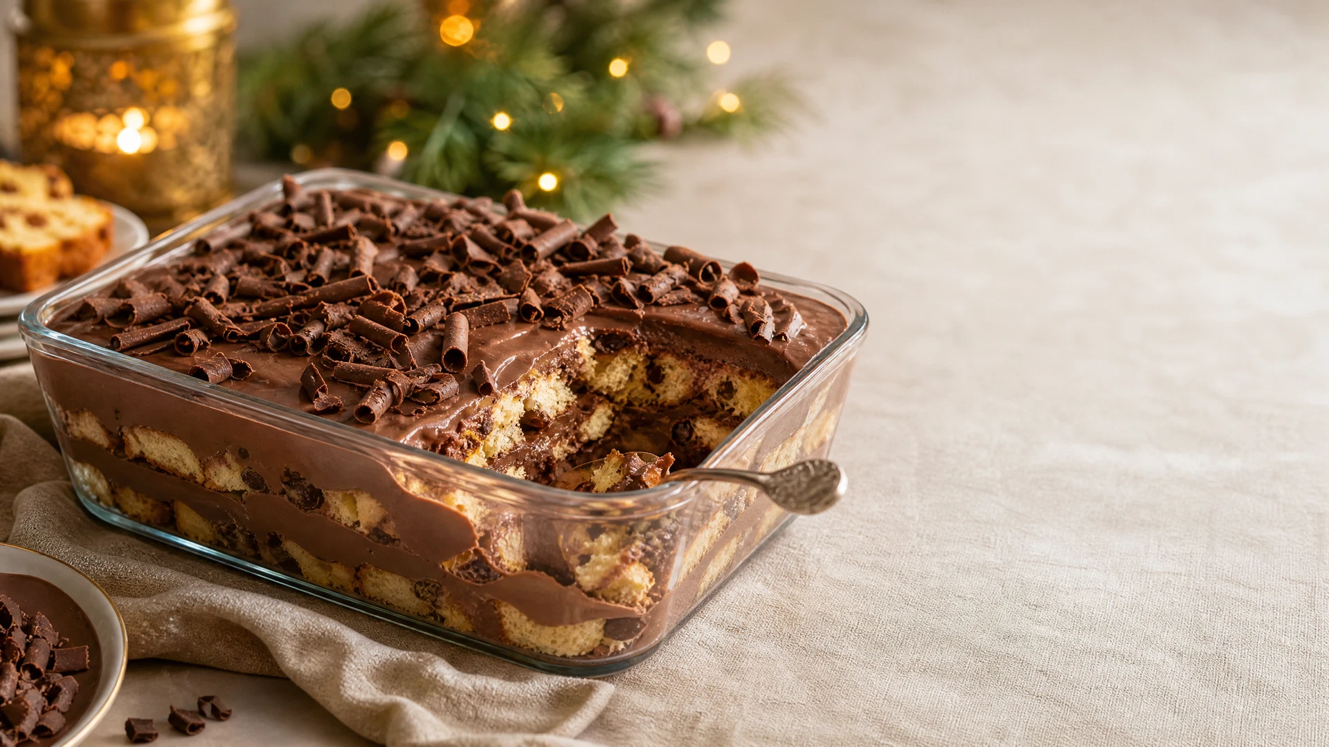 Travessa de pavê de chocotone com camadas de creme de chocolate e cubos macios.
