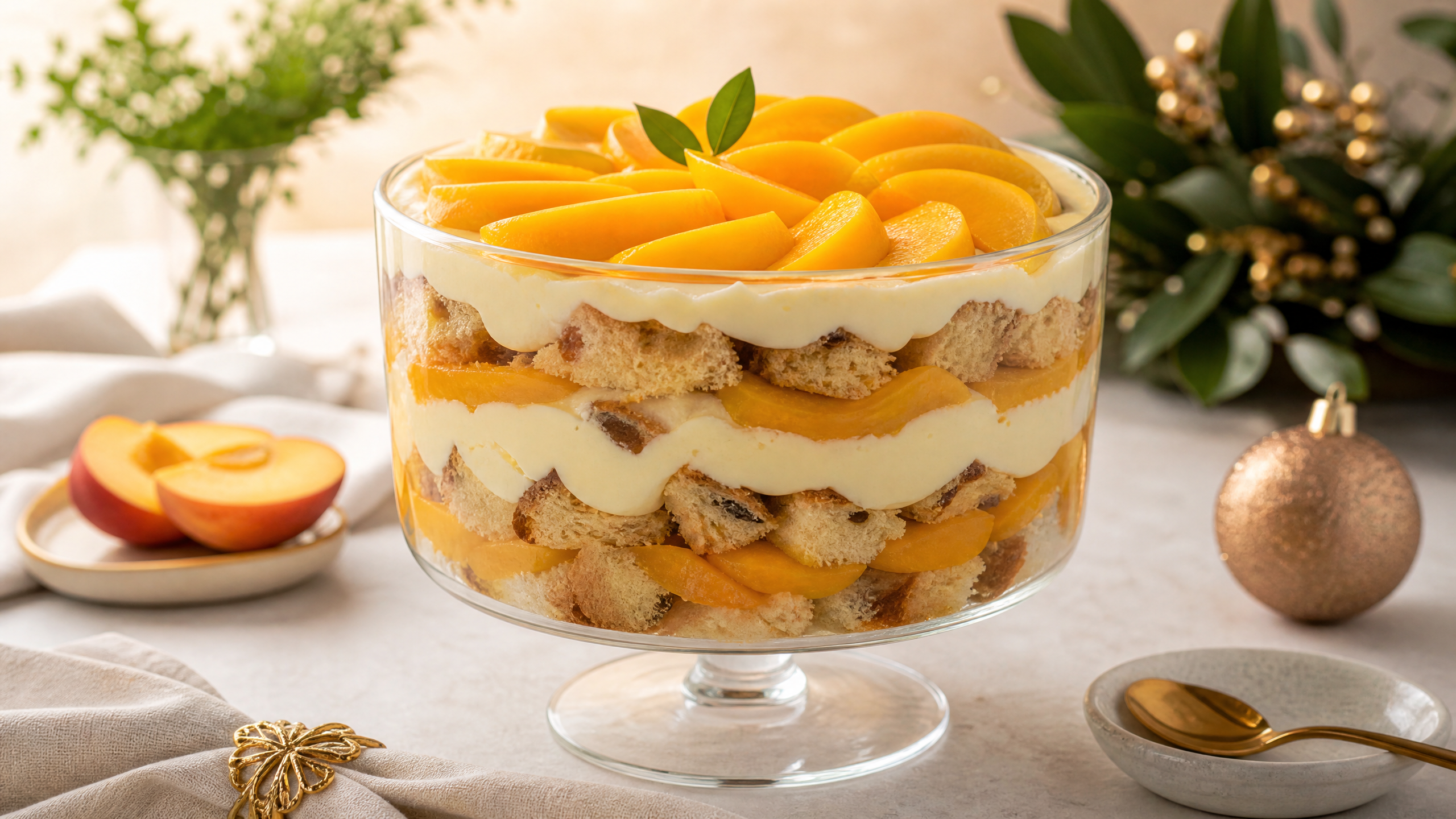 Travessa de pavetone com pêssego, cubos de panetone e creme claro.