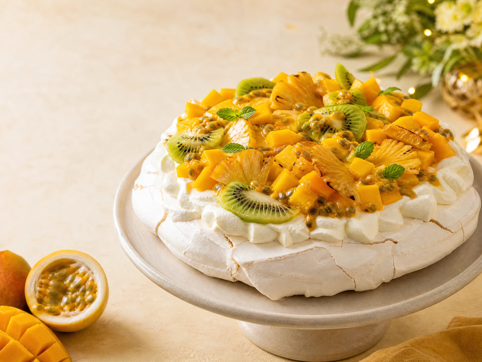 Pavlova tropical com chantilly, manga e maracujá.