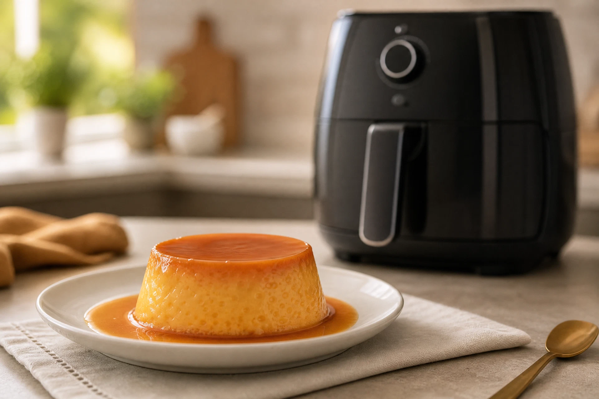Pudim individual com calda de caramelo ao lado de uma airfryer sem marca.