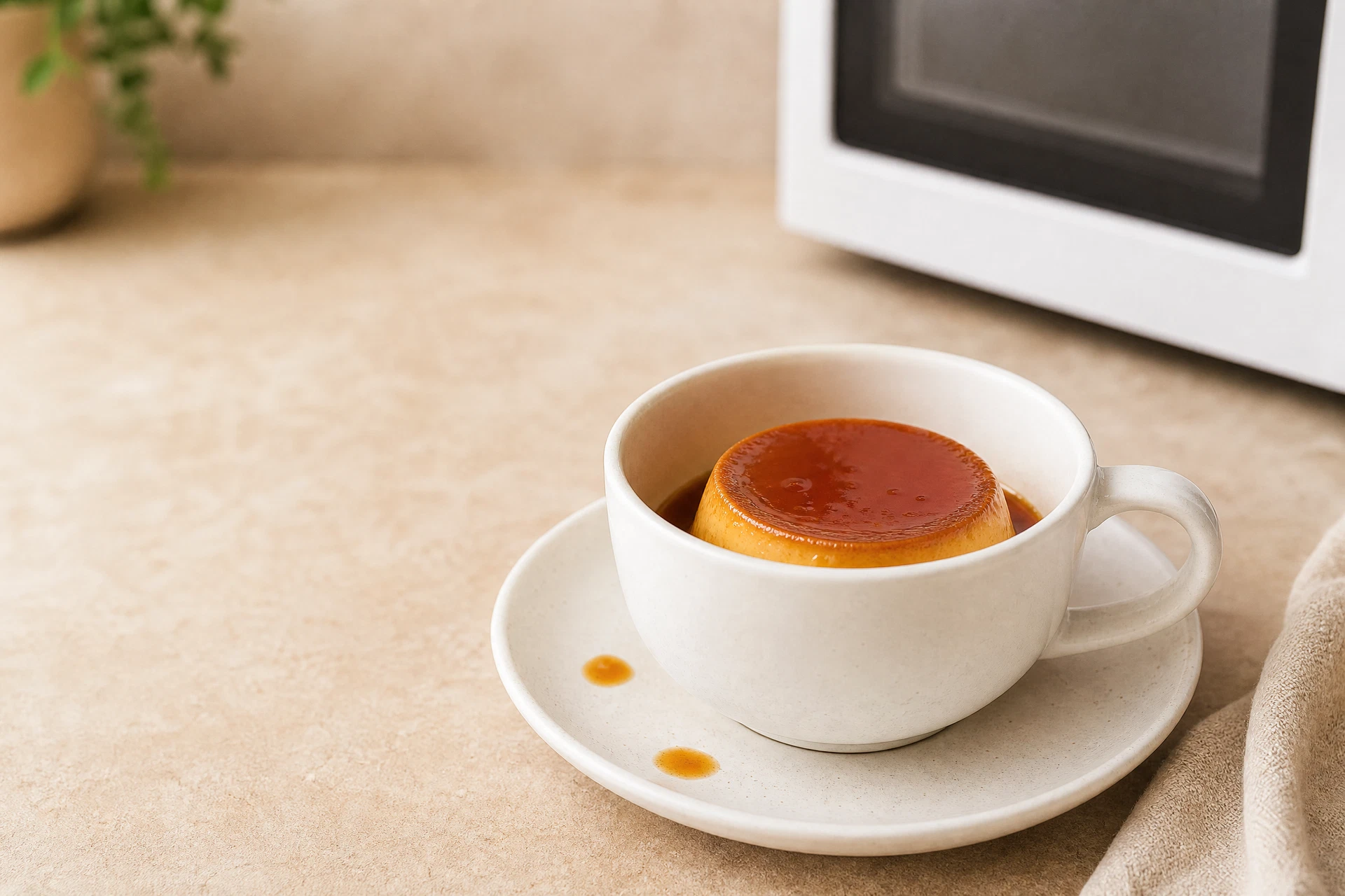Pudim individual em caneca branca com calda de caramelo sobre pires em cozinha clara, com micro-ondas ao fundo.