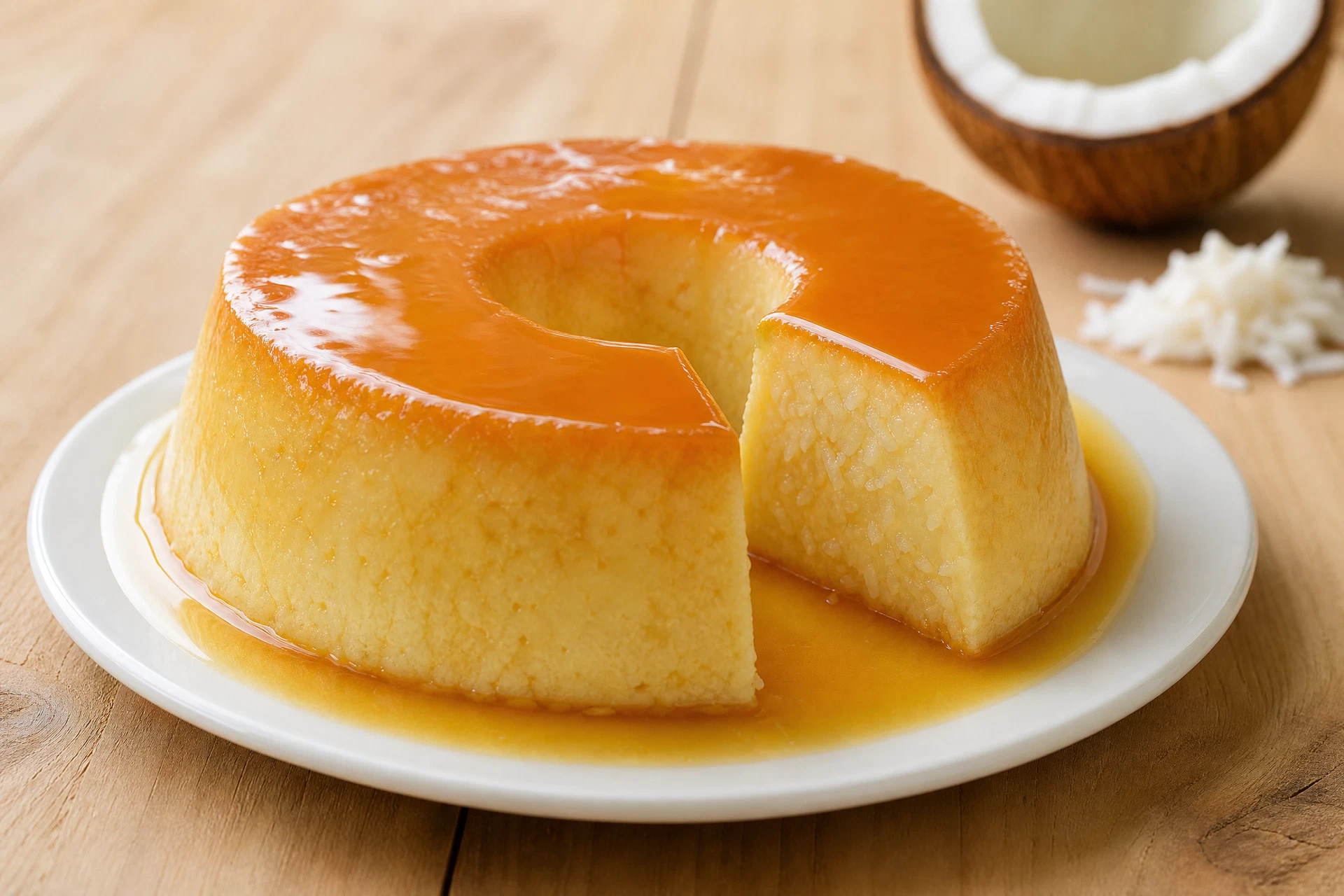 Pudim de coco com calda de caramelo, coco ralado visível e uma fatia servida em prato branco.