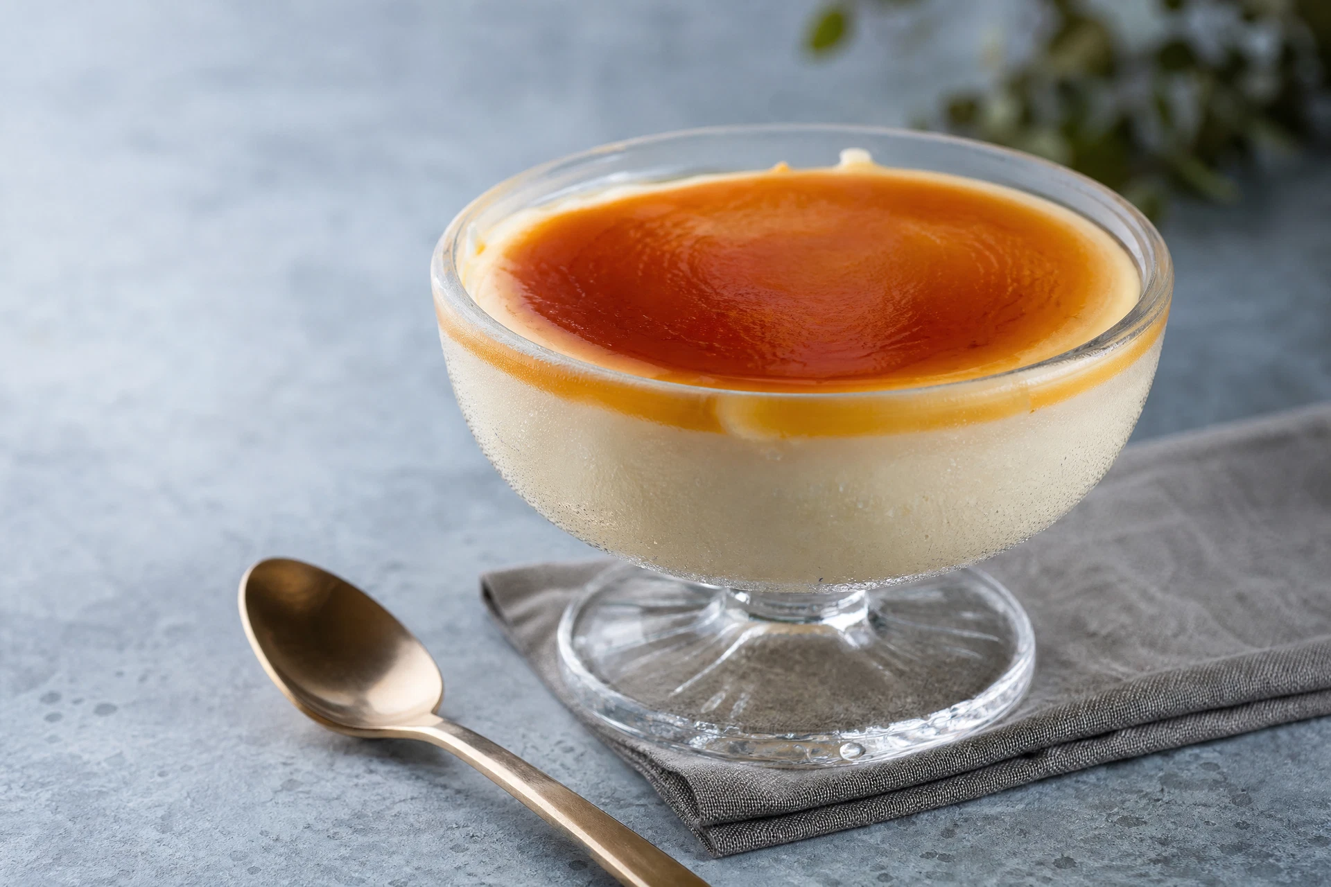 Pudim de geladeira cremoso com calda de caramelo servido em taça de vidro.