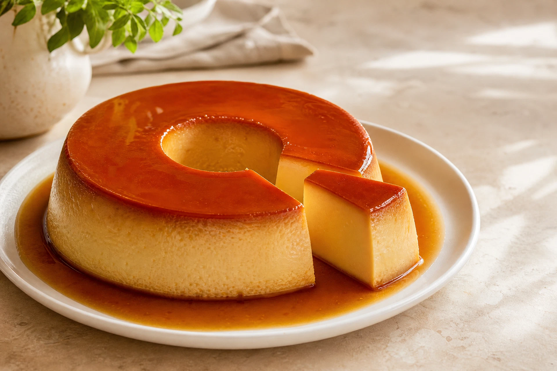 Pudim de leite condensado com calda de caramelo servido em prato branco.