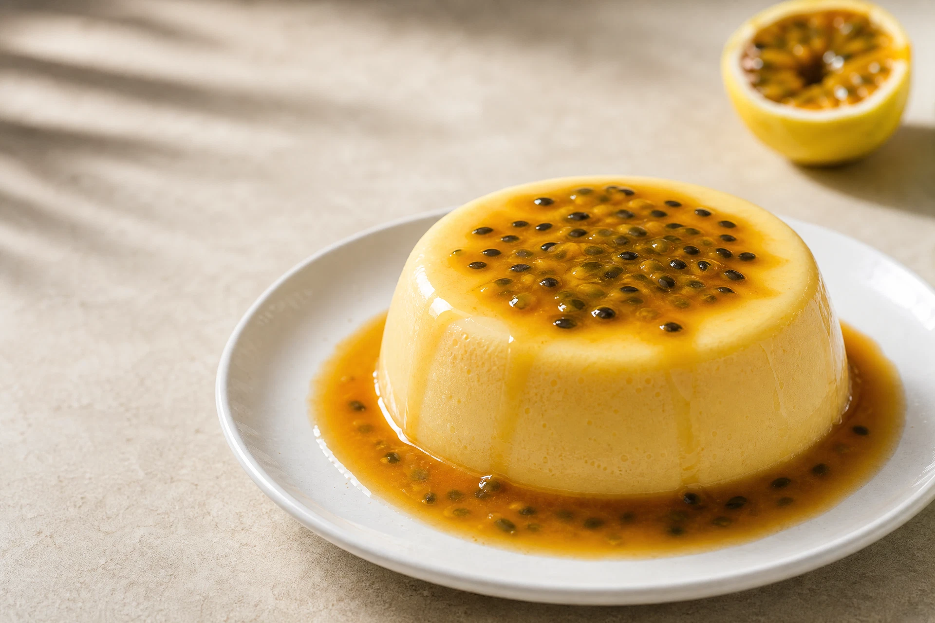 Pudim de maracujá amarelo com polpa e sementes da fruta sobre calda de caramelo em prato branco.